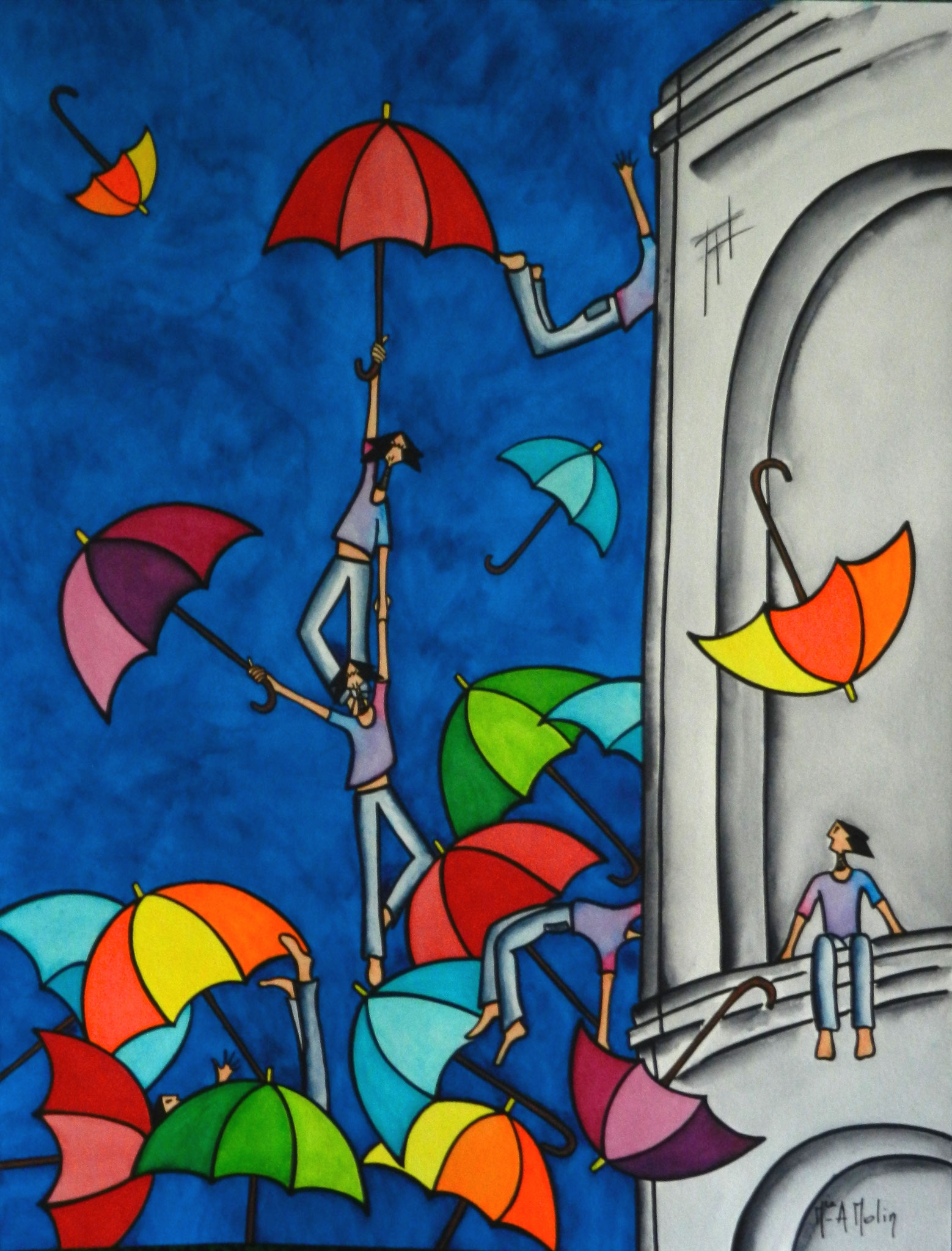 « Donnez-nous des parapluies - Prenons de la hauteur ». Aquarelle et marqueur acrylique (uniquement pour les contours en noir) sur papier - Format 65X50cm
