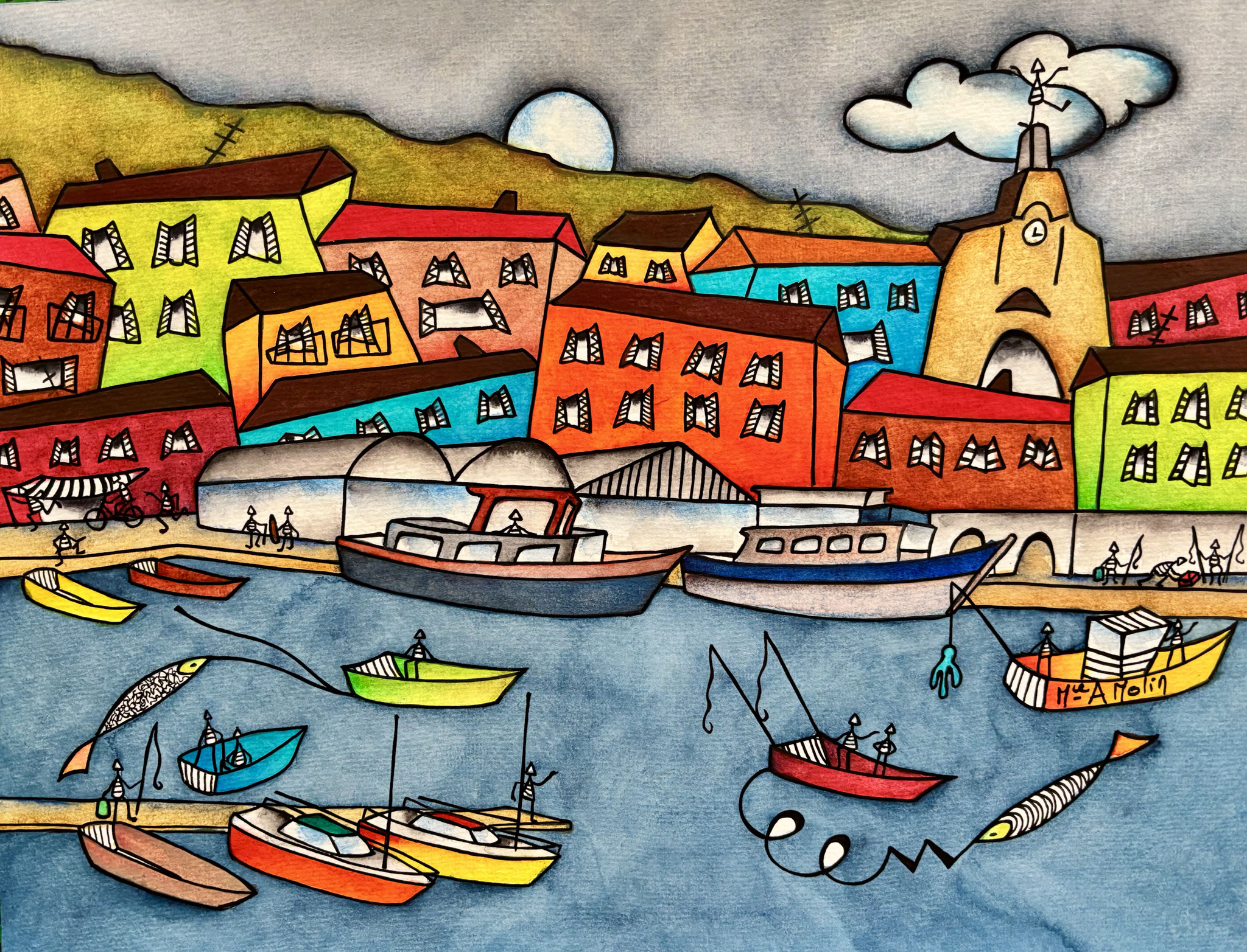 "C'est la pêche qu'il me faut" - Aquarelle et marqueur acrylique (uniquement pour ce qui est en noir) - Format 30x40 cm