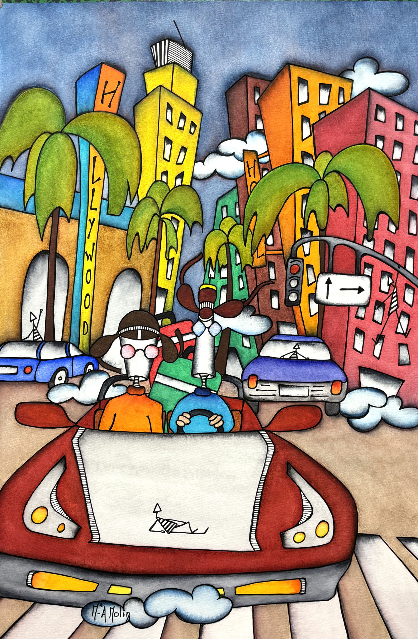 "L.A for ever" - Aquarelle et marqueur acrylique(uniquement pour le dessin en noir) - Format 60X40 cm