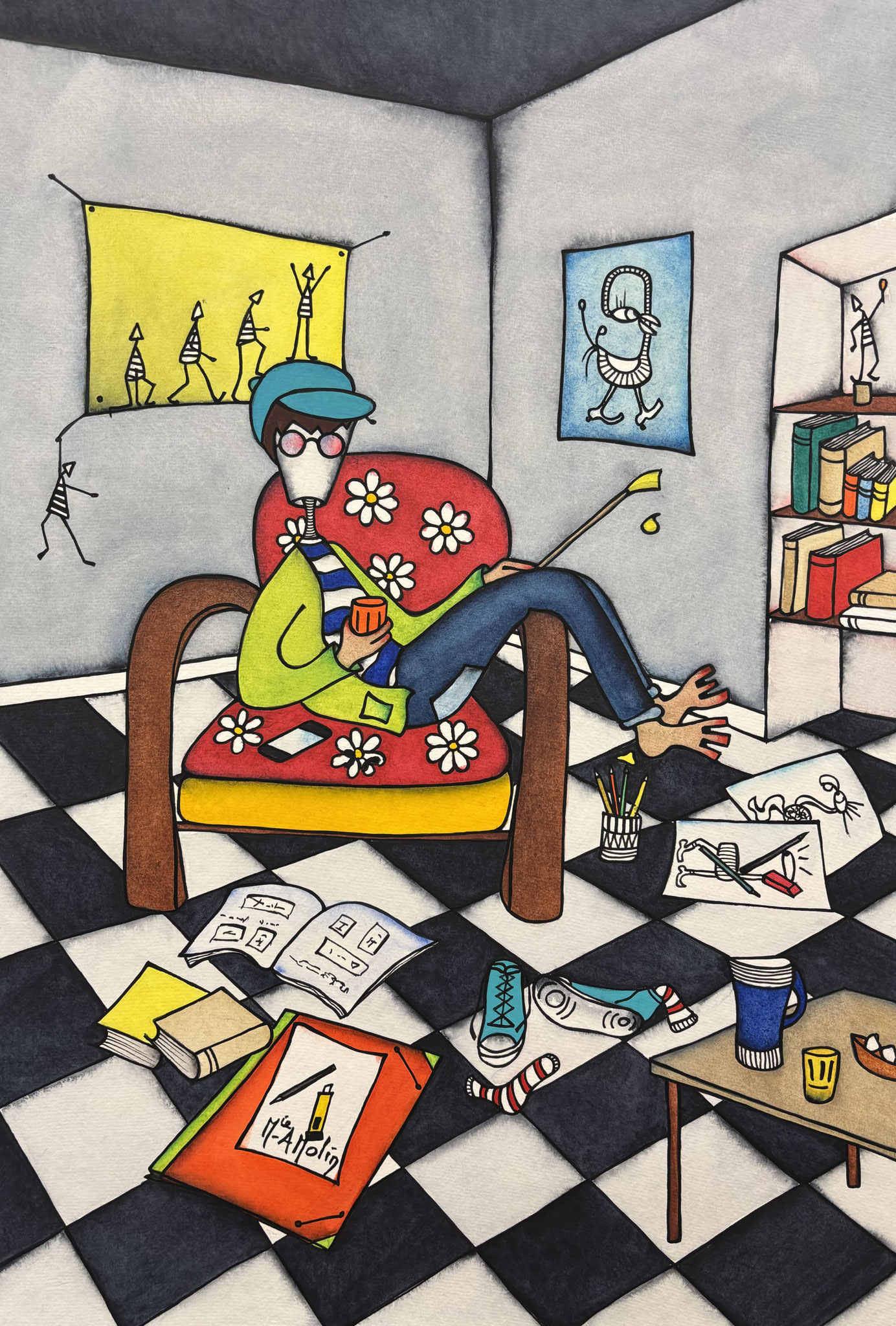 "Ré-création" - Aquarelle et marqueur acrylique(uniquement pour le dessin en noir) - Format 60X40 cm