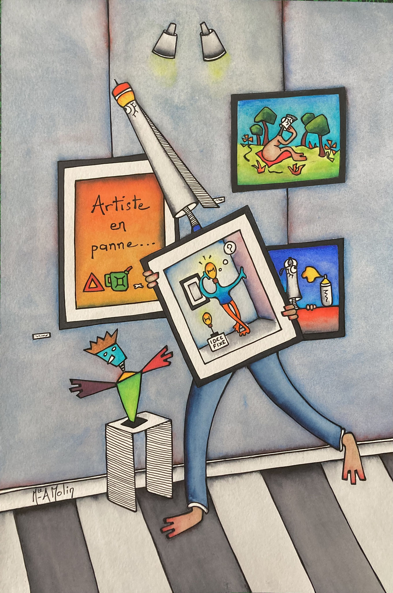"En panne" - Aquarelle et marqueur acrylique (uniquement pour le dessin en noir) - Format 60X40 cm