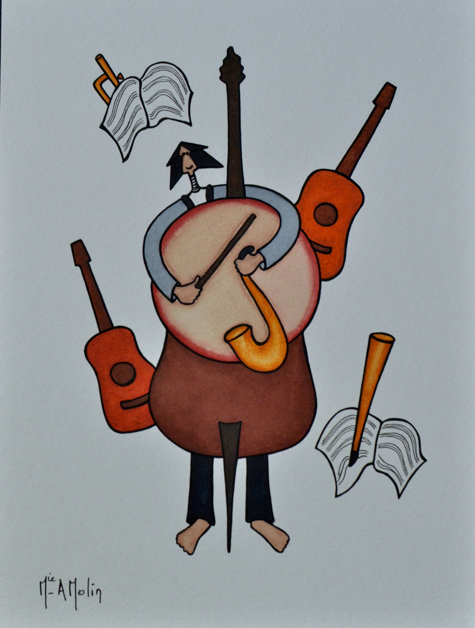 « L’homme orchestre ». Aquarelle et marqueur acrylique (uniquement pour les contours en noir) sur papier - Format 40X30cm