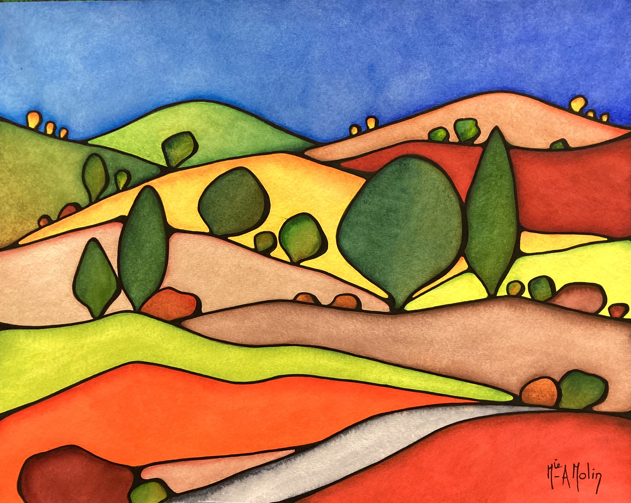 "Sérénité" - Aquarelle et marqueur acrylique (uniquement pour ce qui est en noir) - Format 40X50 cm