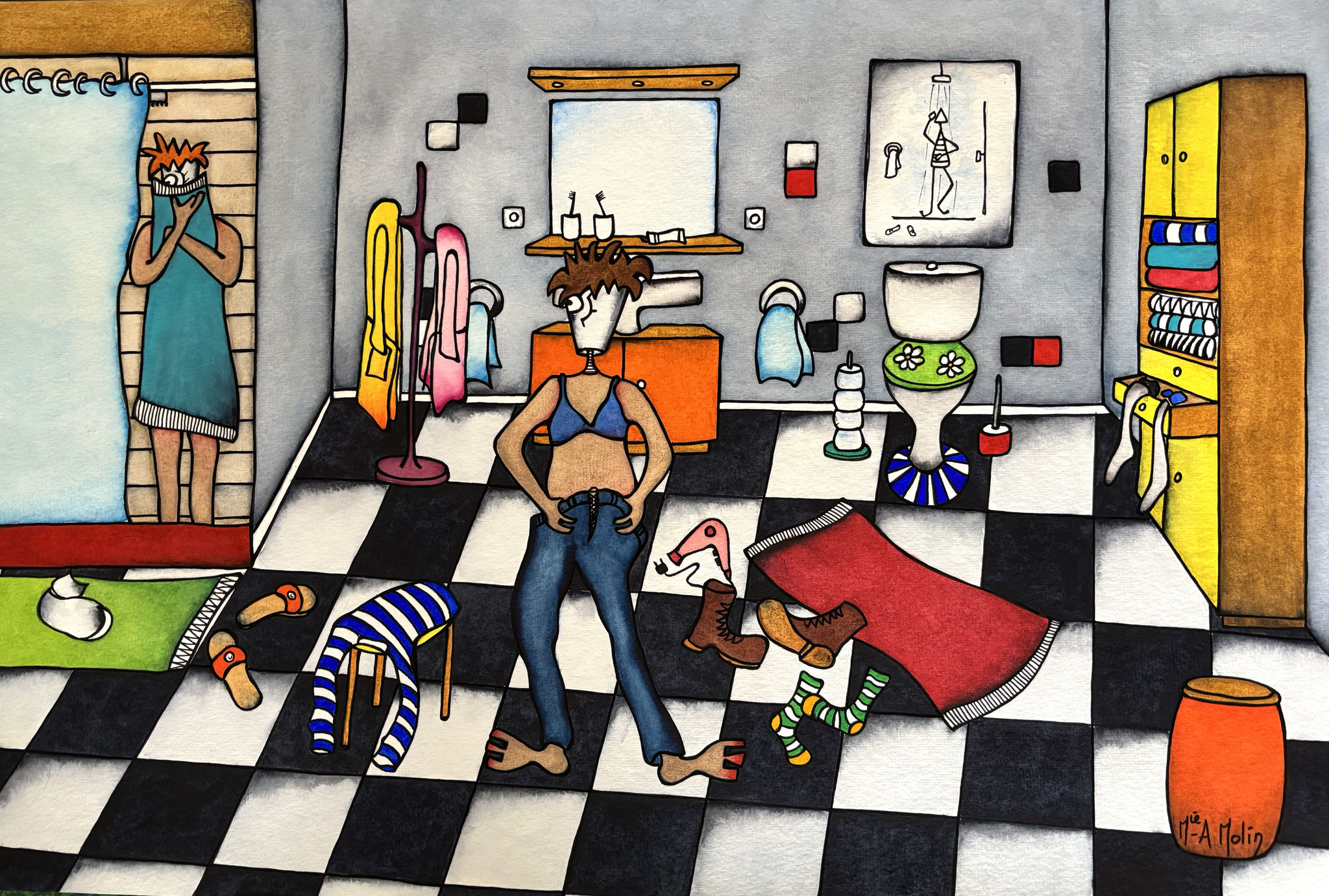 "Le matin dans la salle de bain" - Aquarelle et marqueur acrylique(uniquement pour le dessin en noir) - Format 40X60 cm