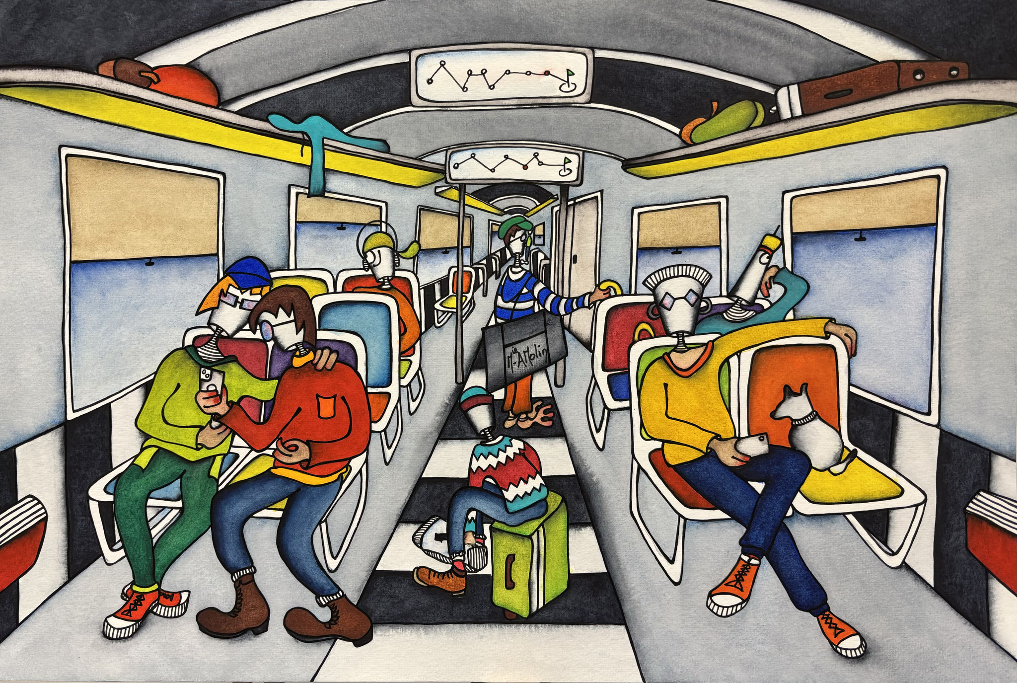 "Dernier métro" - Aquarelle et marqueur acrylique(uniquement pour le dessin en noir) - Format 40X60 cm