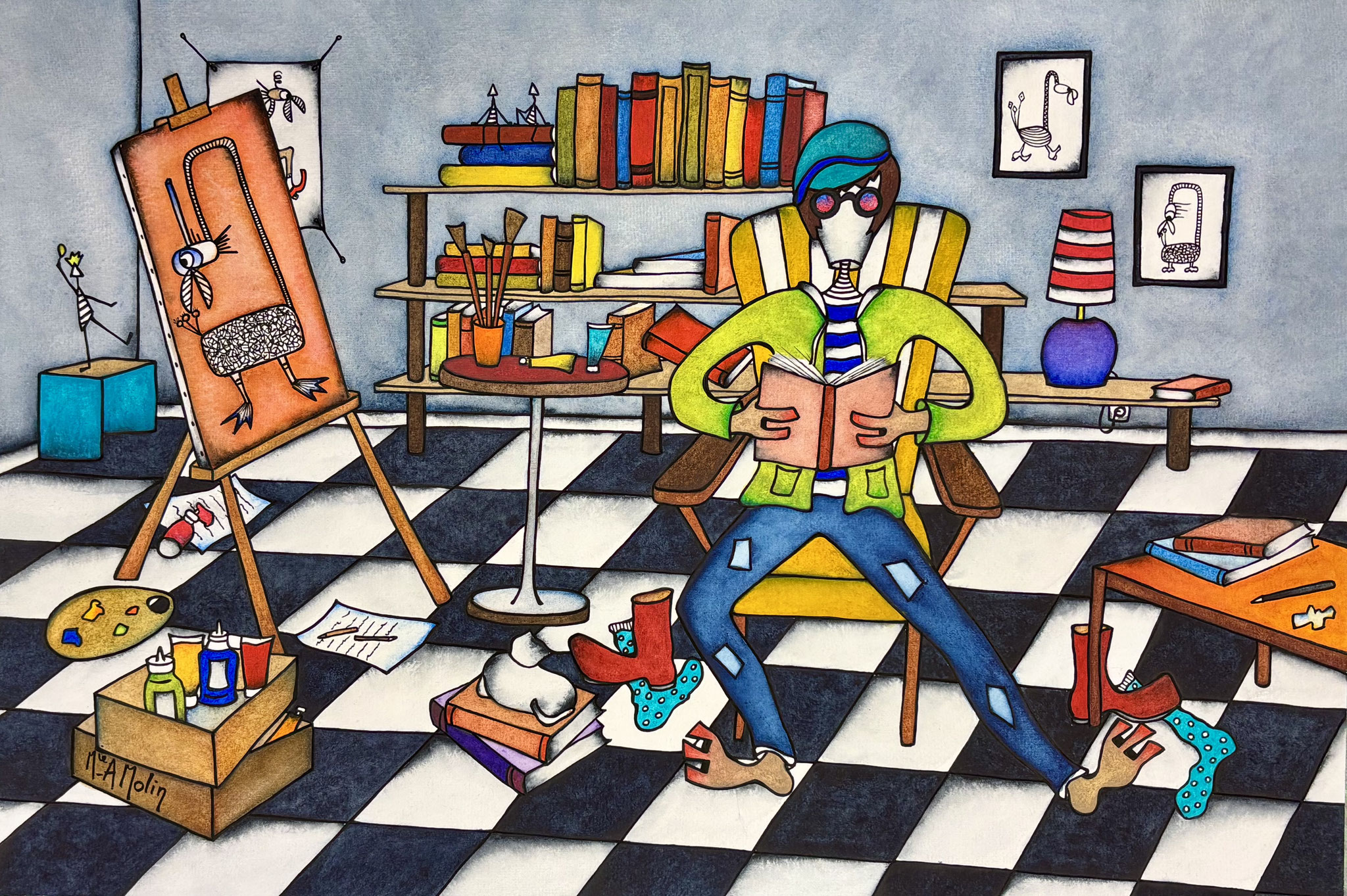 "Toute une histoire" - Aquarelle et marqueur acrylique(uniquement pour le dessin en noir) - Format 40X60 cm