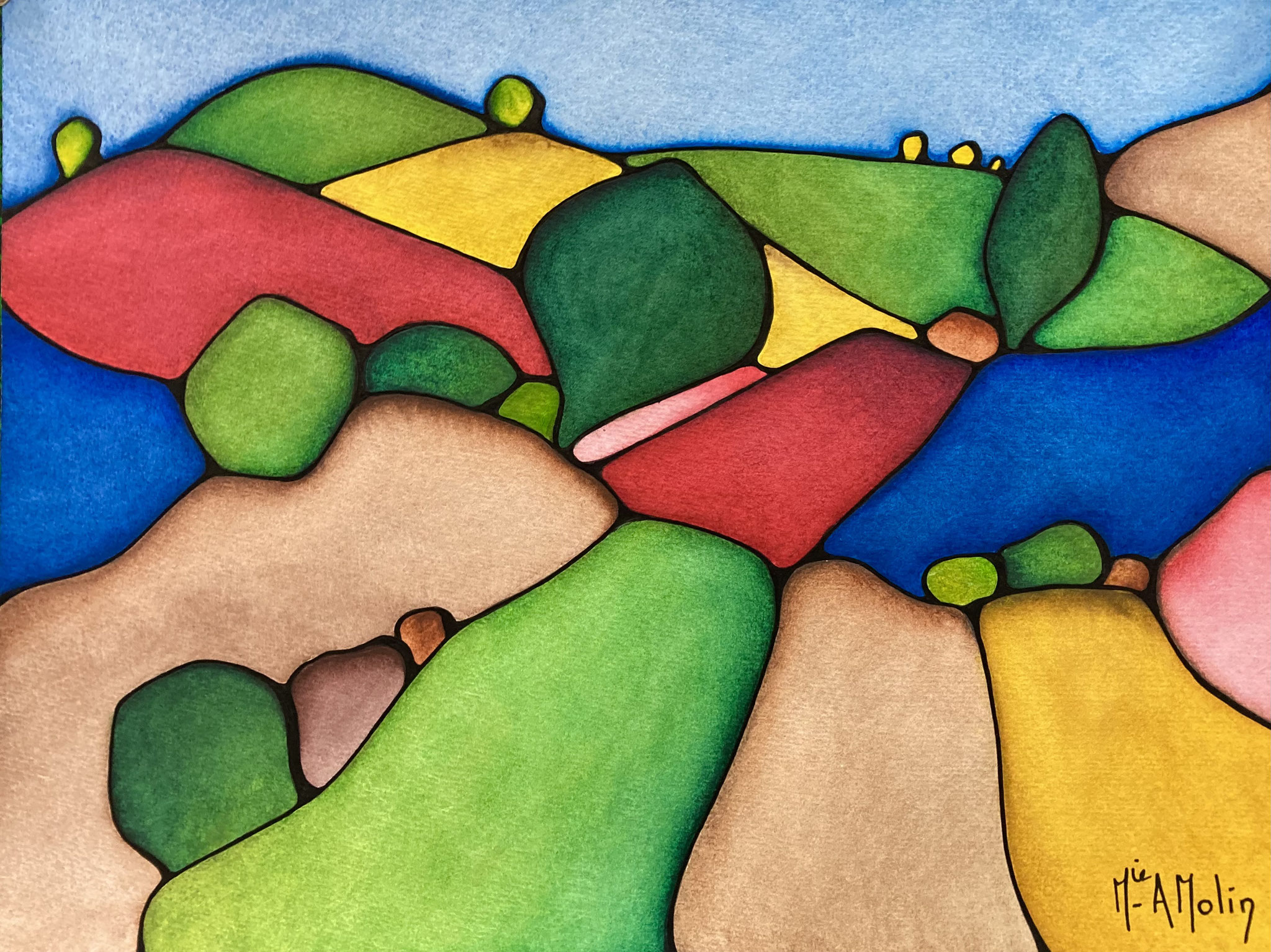 "Ondulations" - Aquarelle et marqueur acrylique (uniquement pour ce qui est en noir) - Format 30X40 cm