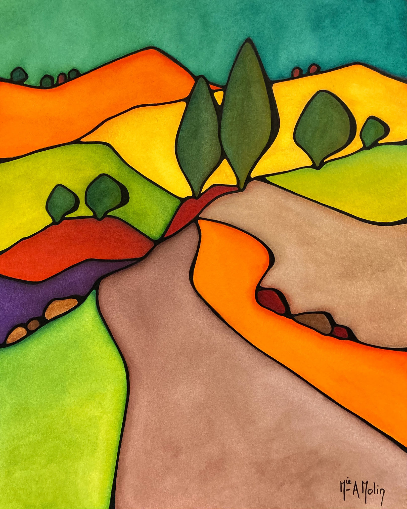 "Tendre nature" - Aquarelle et marqueur acrylique (uniquement pour ce qui est en noir) - Format 60X40 cm