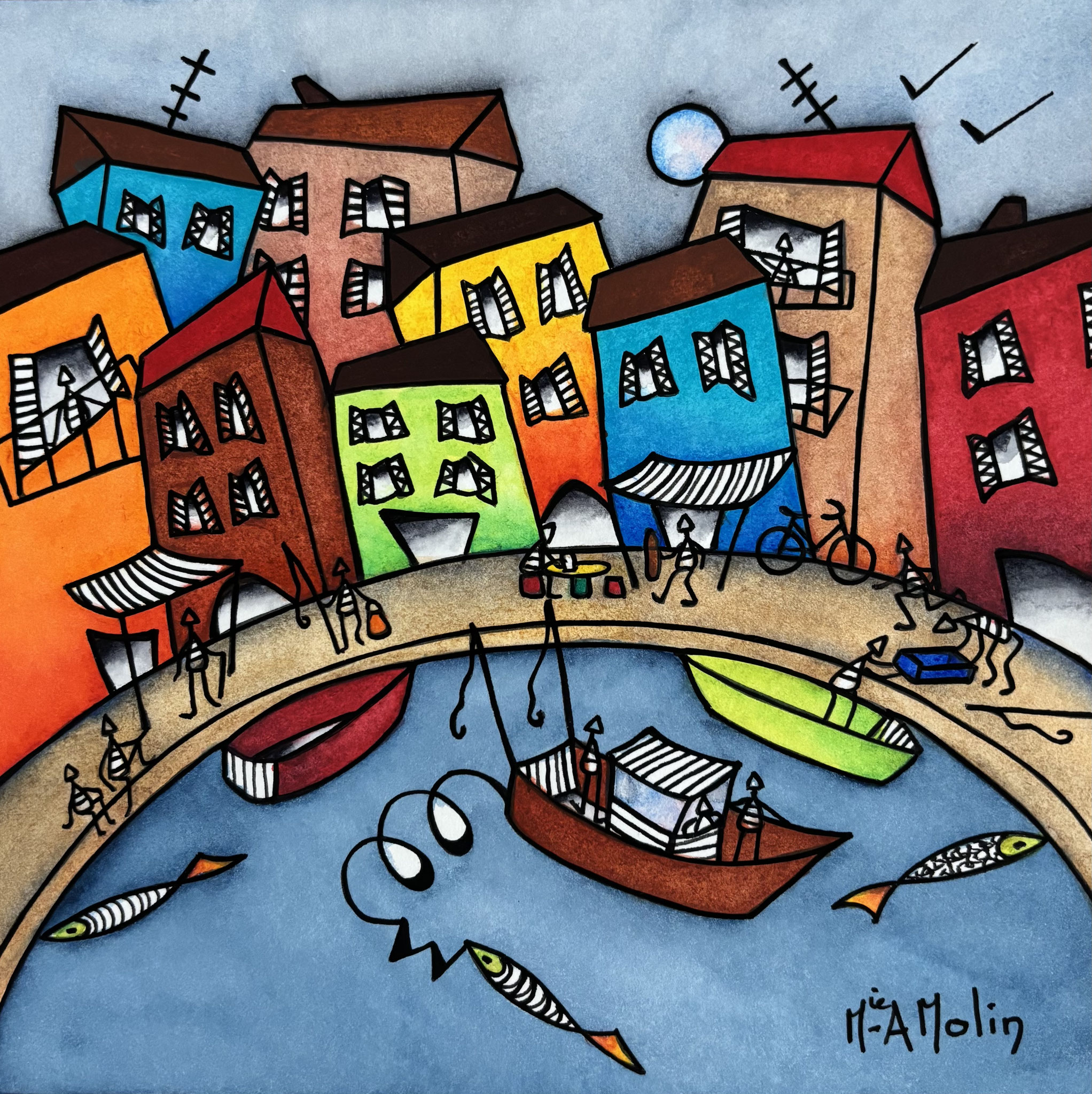 "Un toit et moi les pieds dans l'eau" - Aquarelle et marqueur acrylique (uniquement pour ce qui est en noir) - Format 20x20 cm
