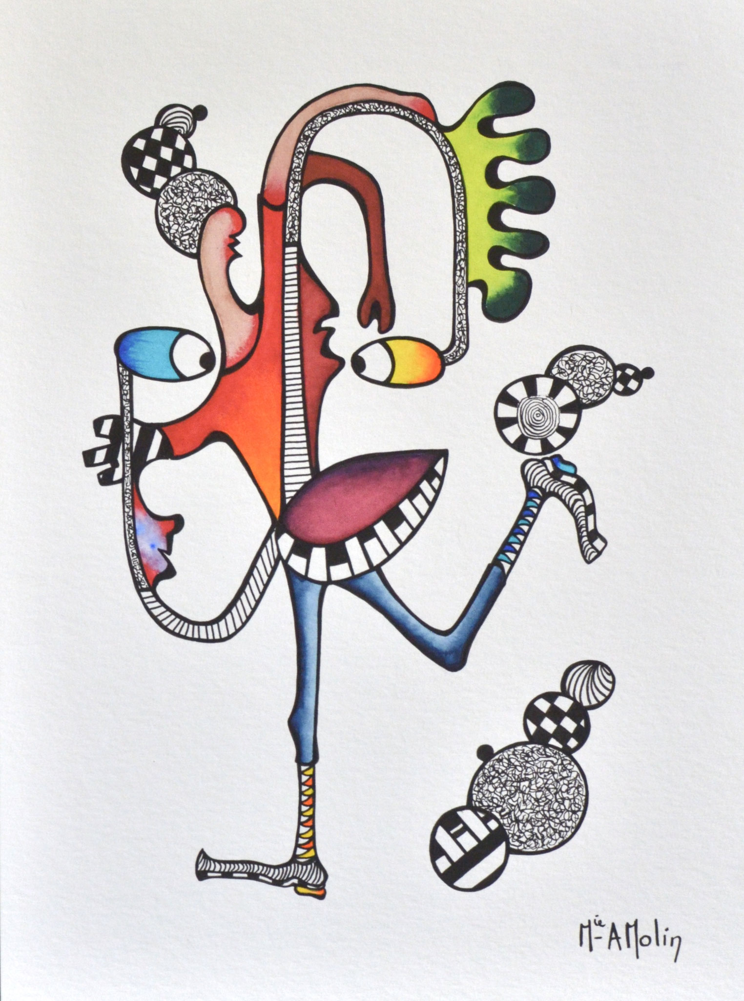 "Absurdie colorée - Çaséki "Aquarelle et marqueur acrylique (uniquement pour les contours en noir) - Format 40X30 cm