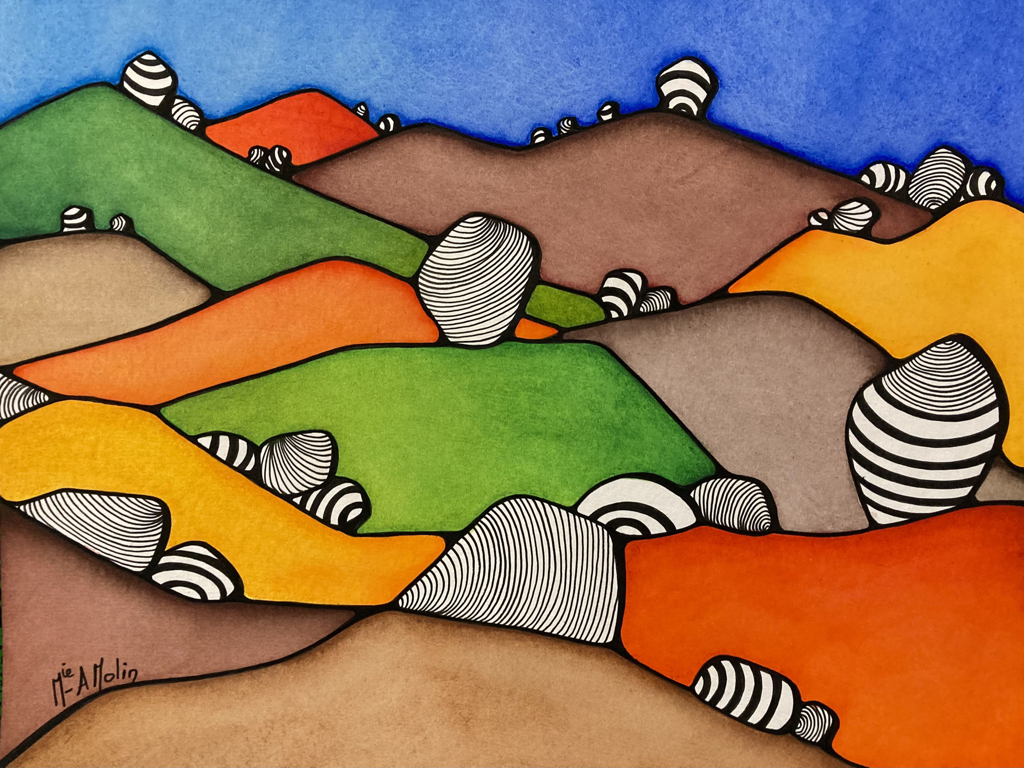 "Dans ma savane" - Aquarelle et marqueur acrylique (uniquement pour ce qui est en noir) - Format 30X40 cm