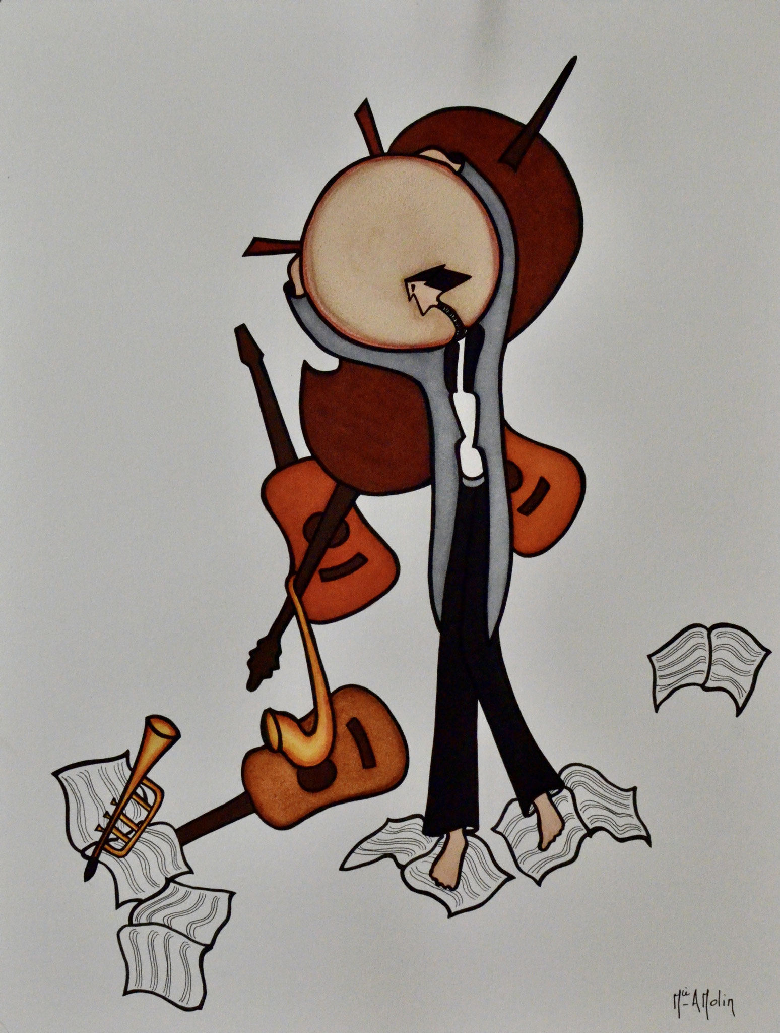 « L’homme orchestre ». Aquarelle et marqueur acrylique (uniquement pour les contours en noir) sur papier - Format 65x50cm