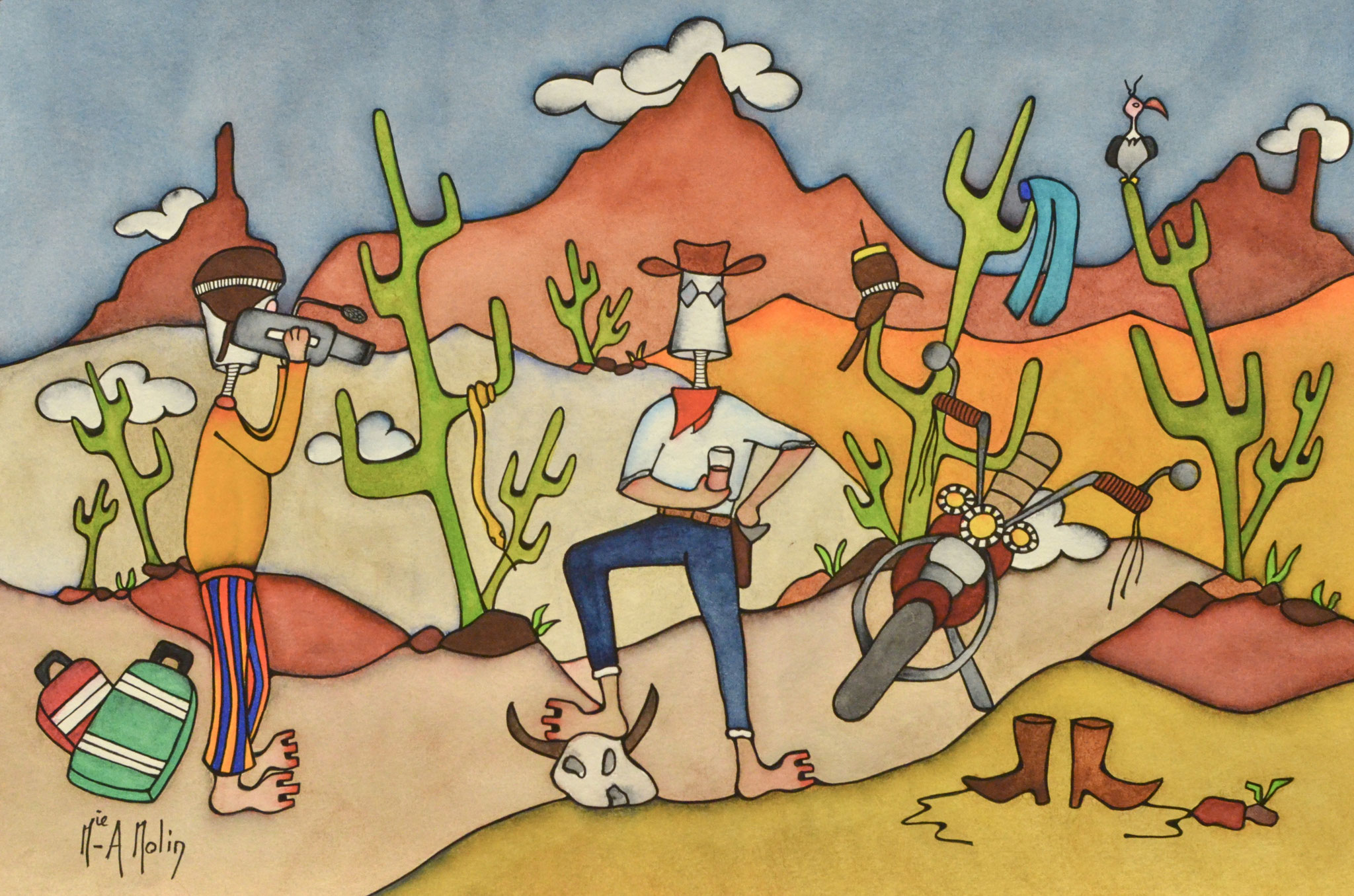 "Action:dans la vallée" - Aquarelle et marqueur acrylique(uniquement pour le dessin en noir) - Format 40X60 cm