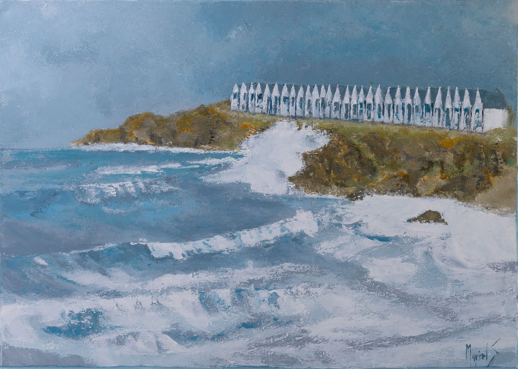 Bord de mer V, Les cabanes du Cotentin, acrylique sur toile, 65X55, avril 2020