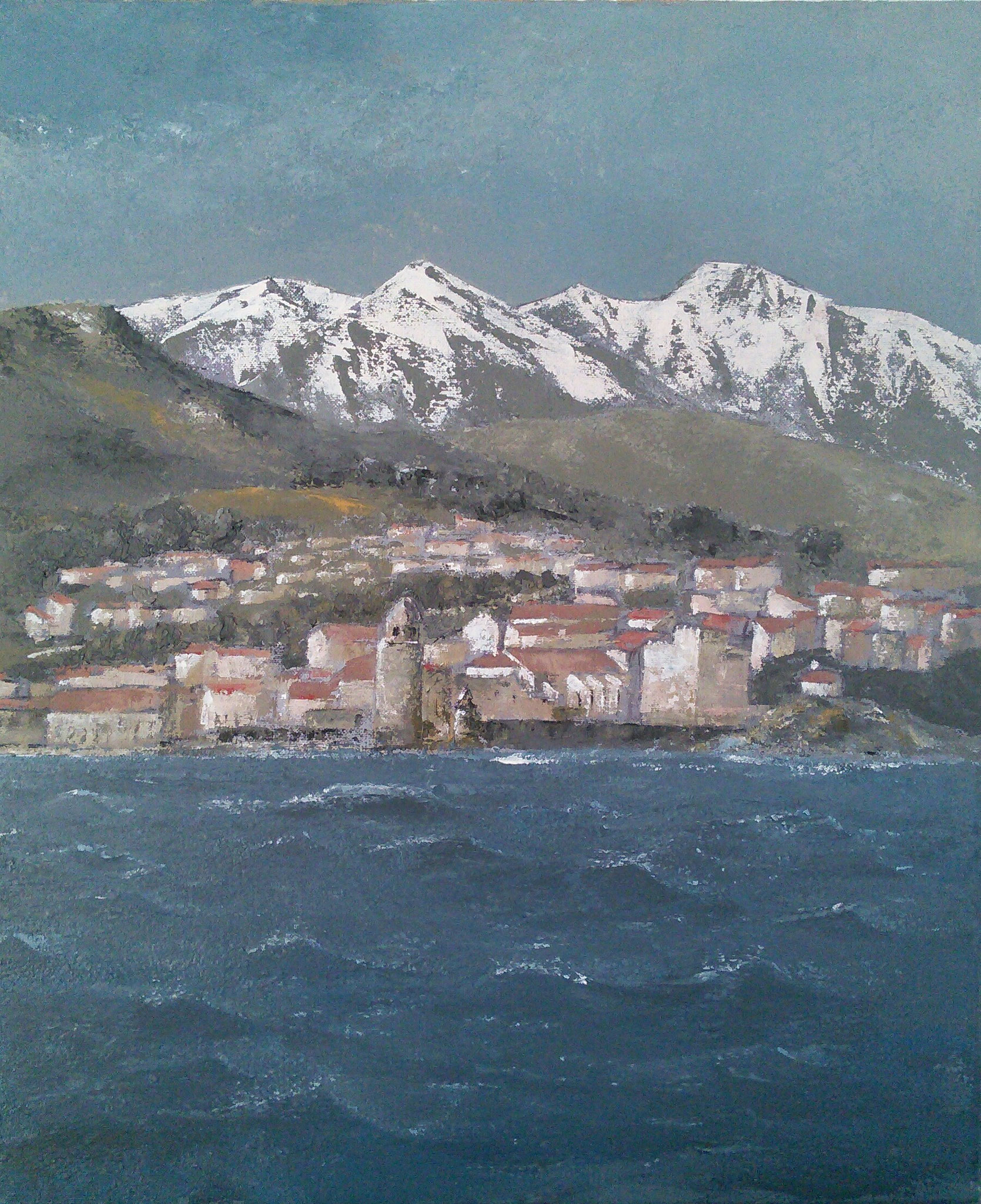 Collioure et le Canigou, acrylique sur toile, 40x50