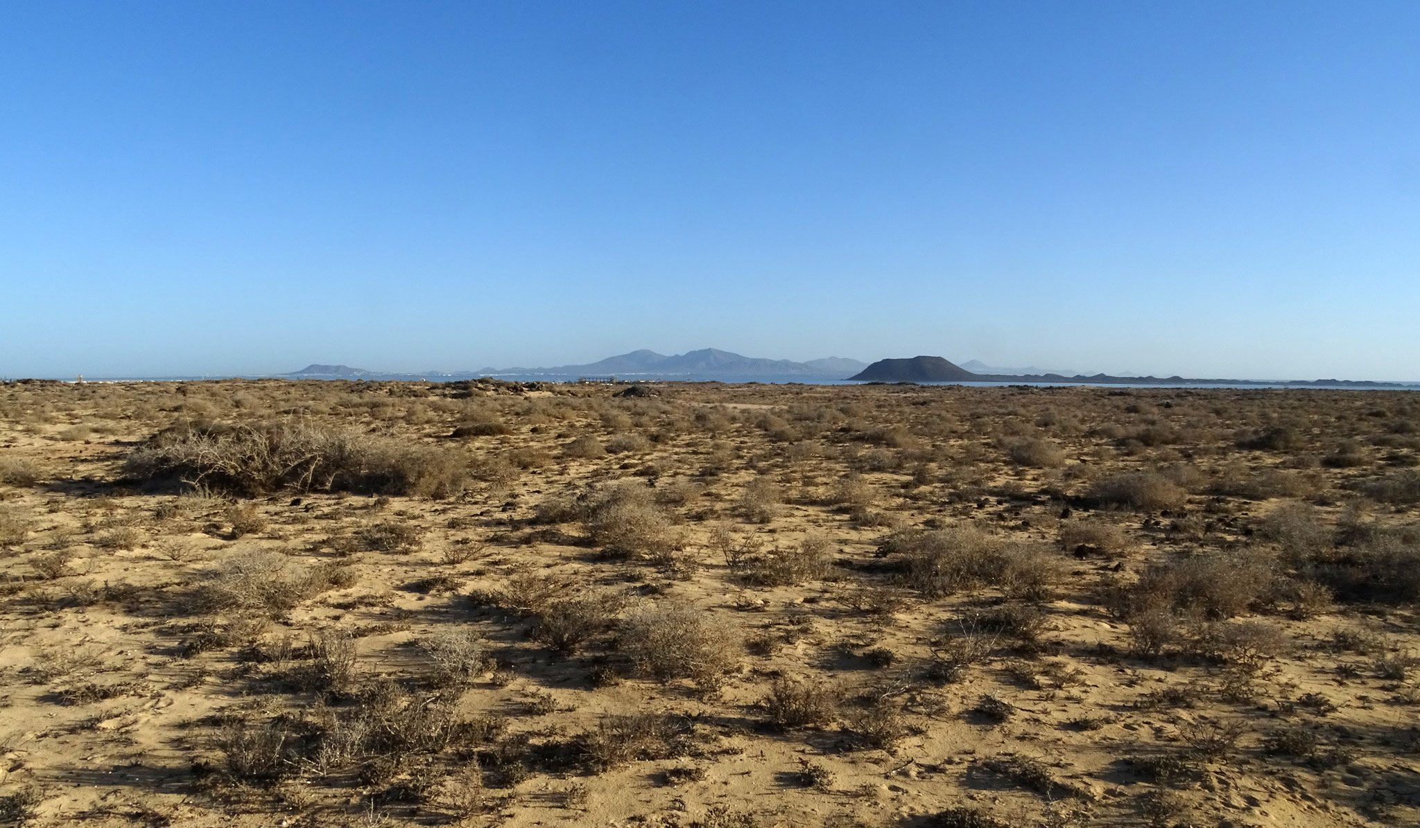 Von unserer Wohnung blicken wir auf den Parque Dunas de Corralejo, einem Dünen-Schutzgebiet, im Hintergrund die Insel Los Lobos und Lanzarote
