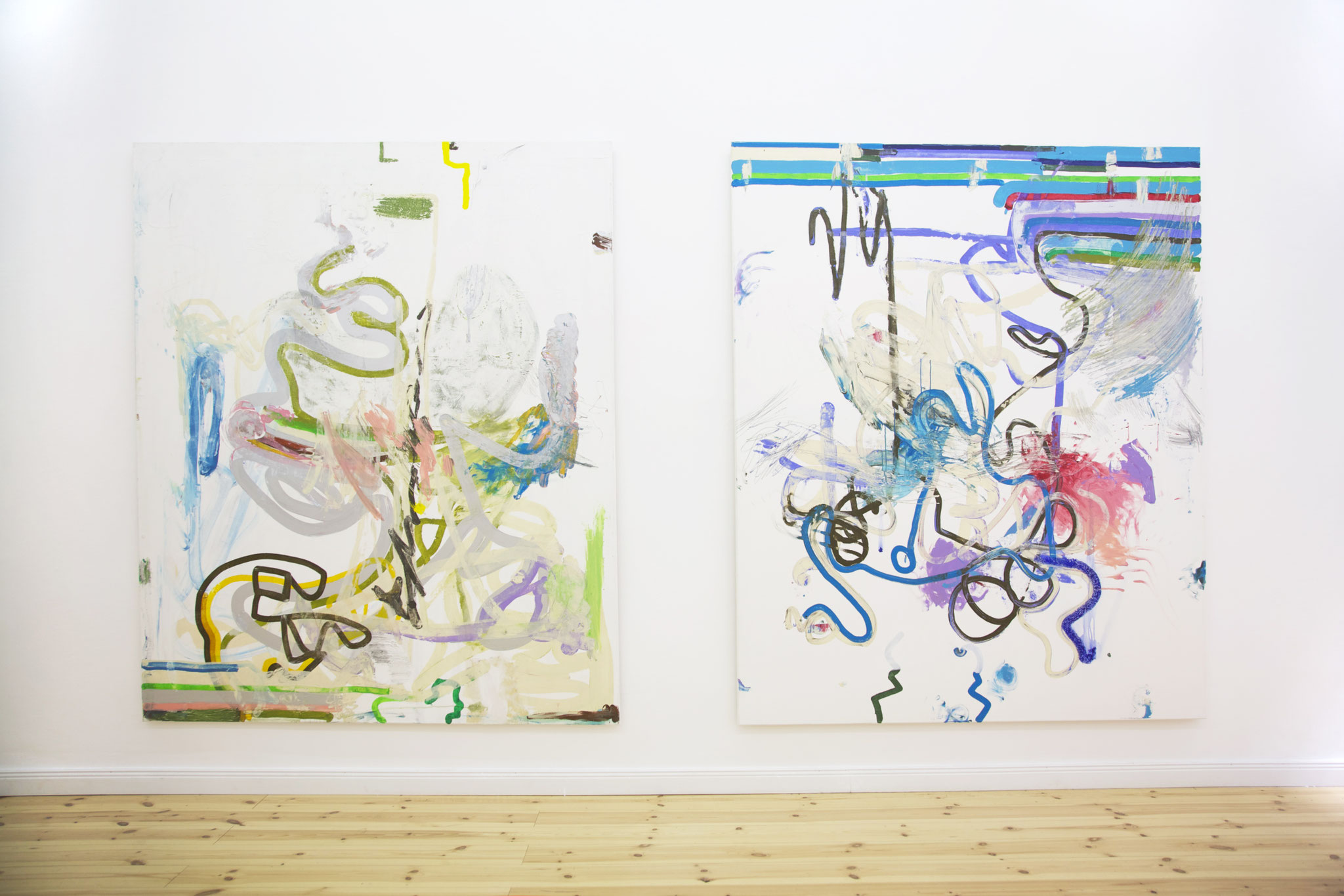 AUSSTELLUNGSANSICHT PART I  (V.L.N.R.)  TIRED BUMM BUMM, 2004/03, ACRYL, PENCIL AND PASTEL ON CANVAS, 195 X 165 CM  UND DRAWING + PAINTING, 2004, ACRYL, PENCIL AND PASTEL ON CANVAS, 195 X 165 CM  
