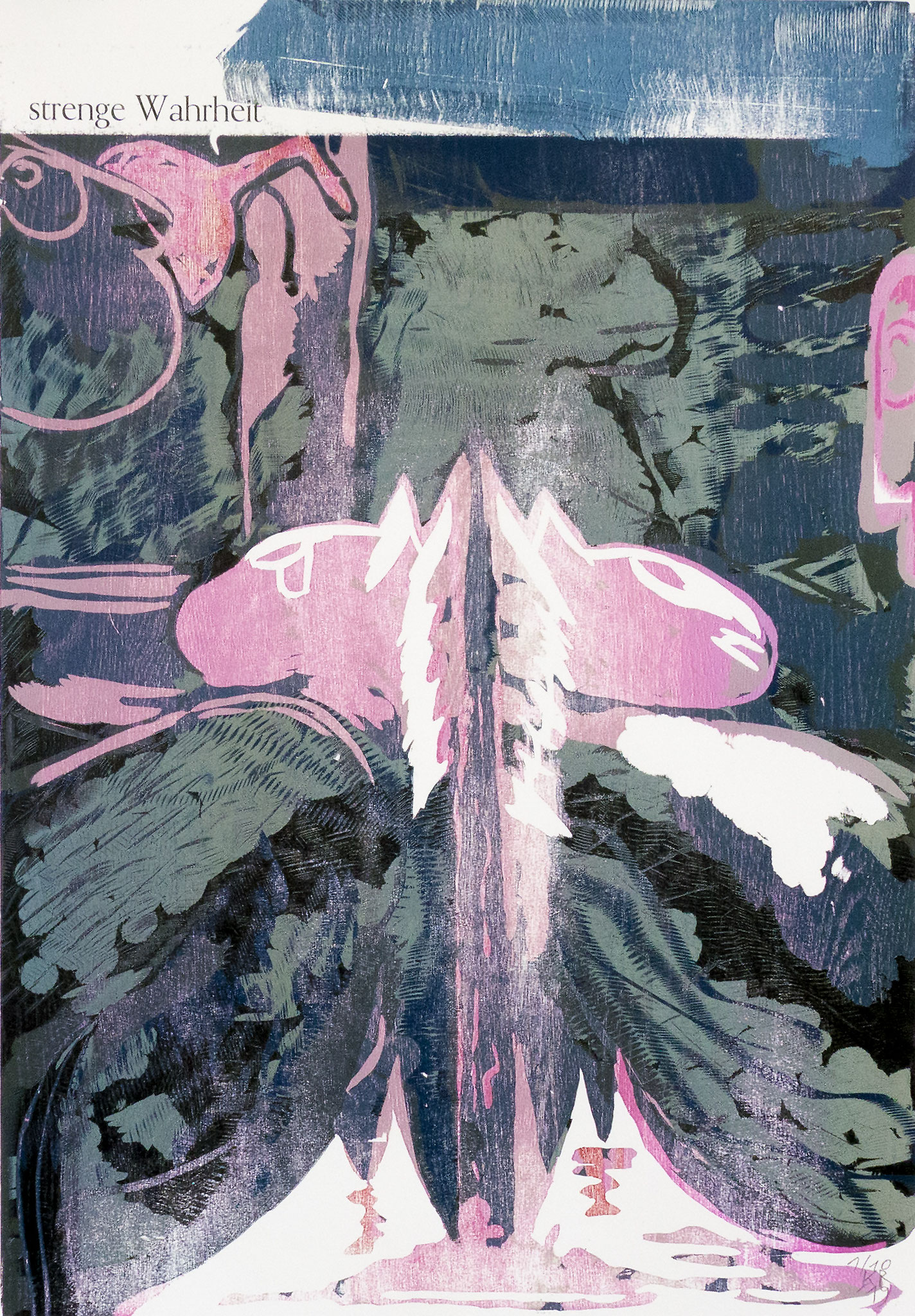 KARIM REYLE, "STRENGE WAHRHEIT", HOLZDRUCK AUF PAPIER, 70 X 50 CM, 2019, EDITION MIT 10 EXEMPLAREN