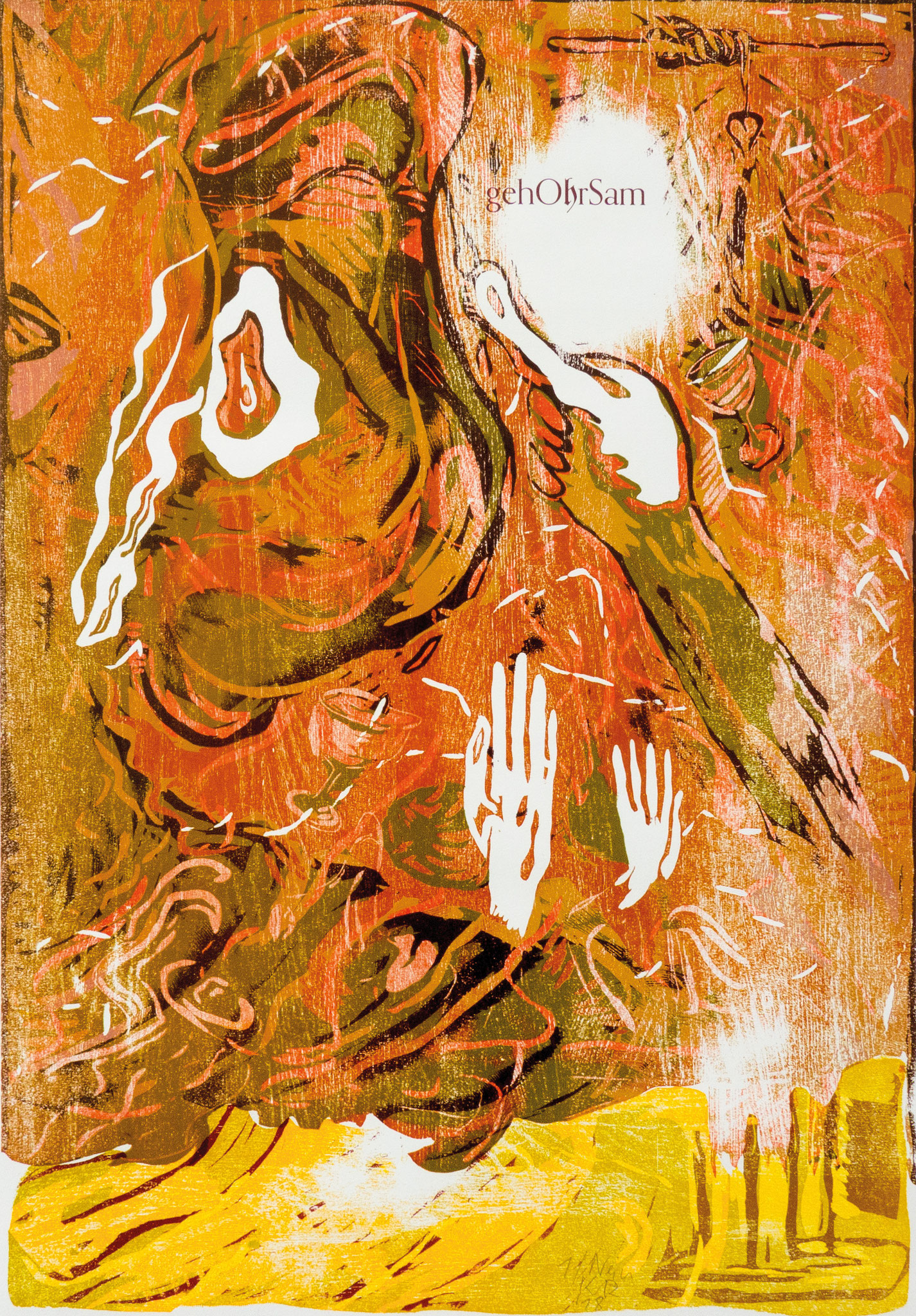 KARIM REYLE, "GEHOHRSAM", HOLZDRUCK AUF PAPIER, 70 X 50 CM, 2019, EDITION MIT 10 EXEMPLAREN