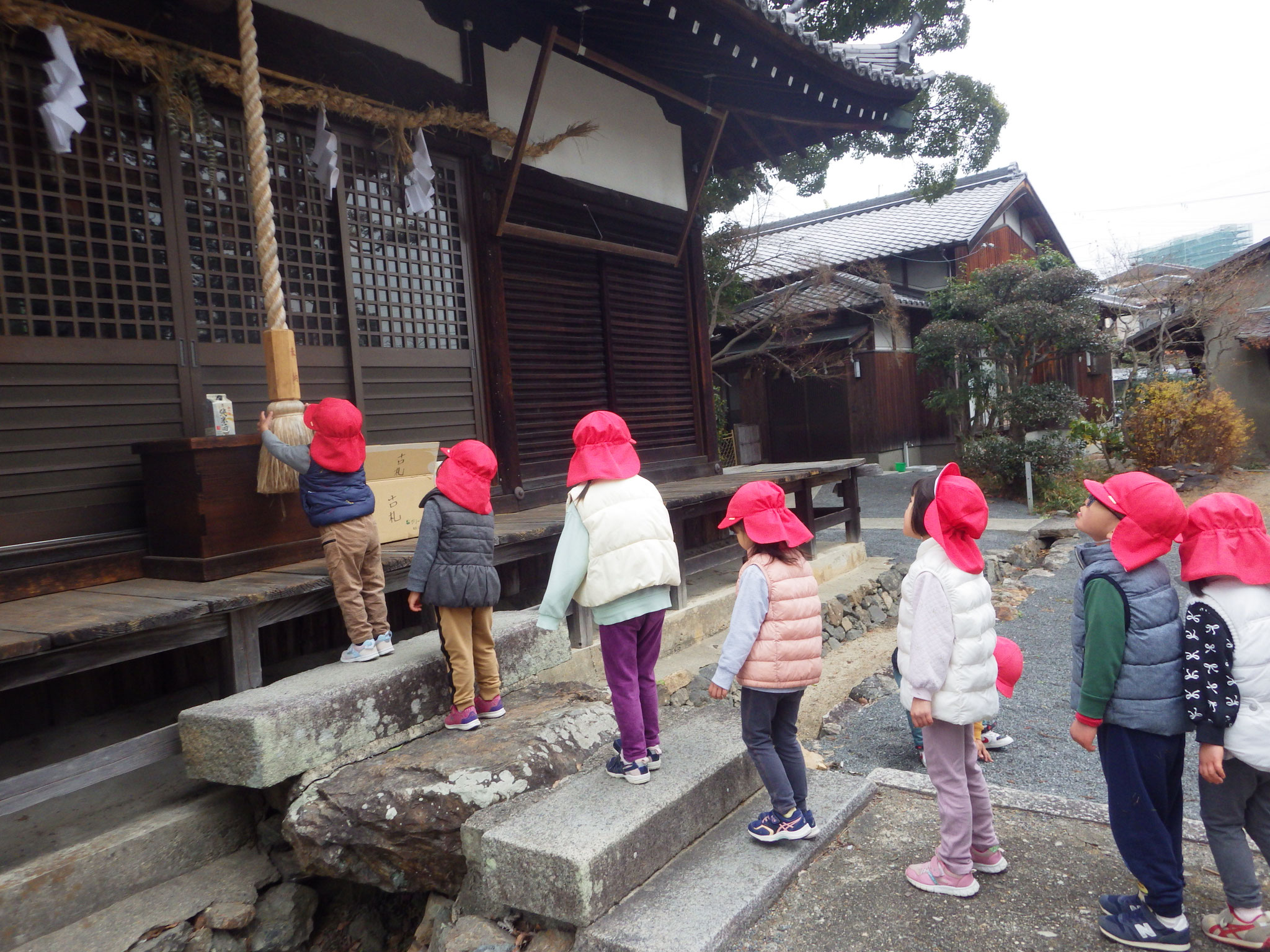 お散歩中、近くの神社で初詣「今年もよろしくお願いします」