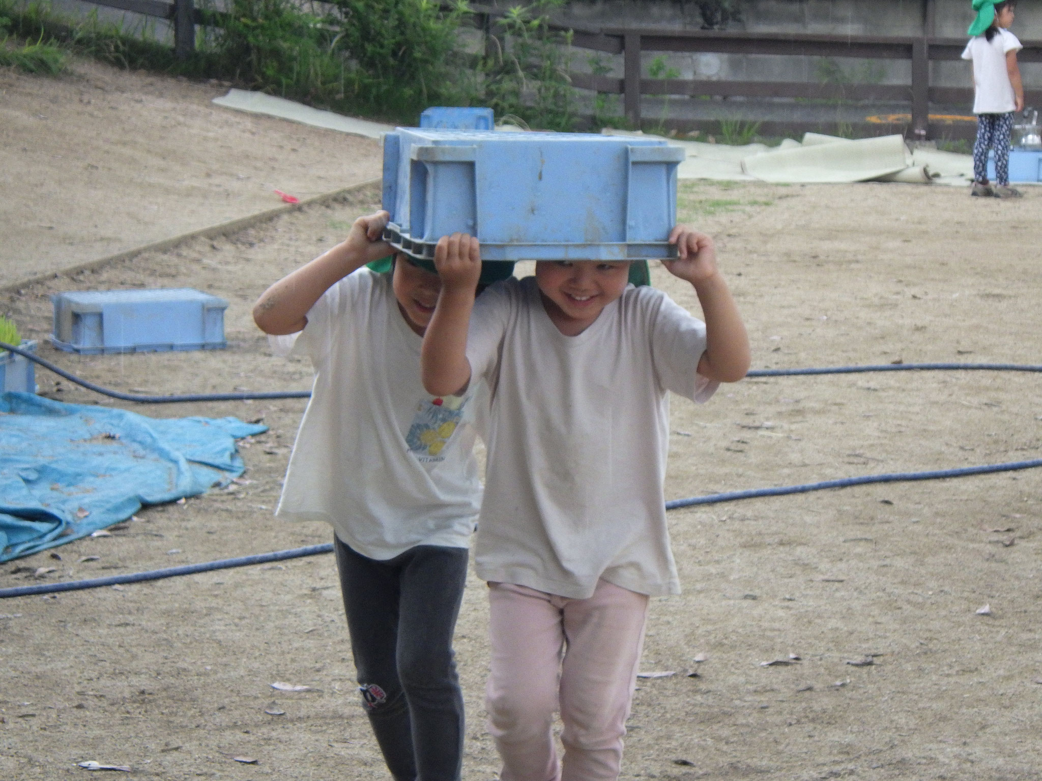 雨が降ってきたので雨やどりしなくちゃー！！コンテナを傘代わりに走れ走れ！！