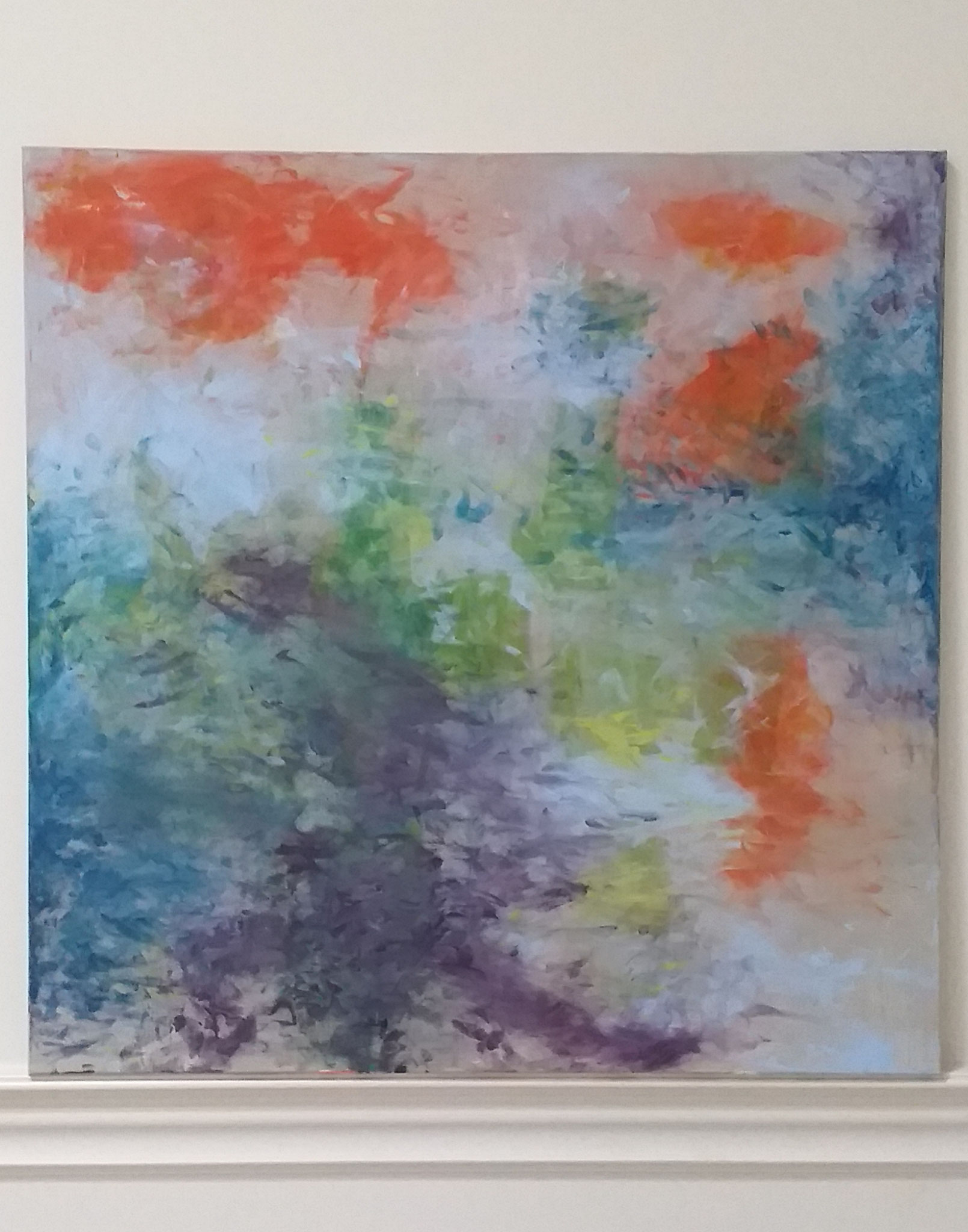 Acrylic on canvas 100x100cm 'Landscape in orange, blue and purple'.