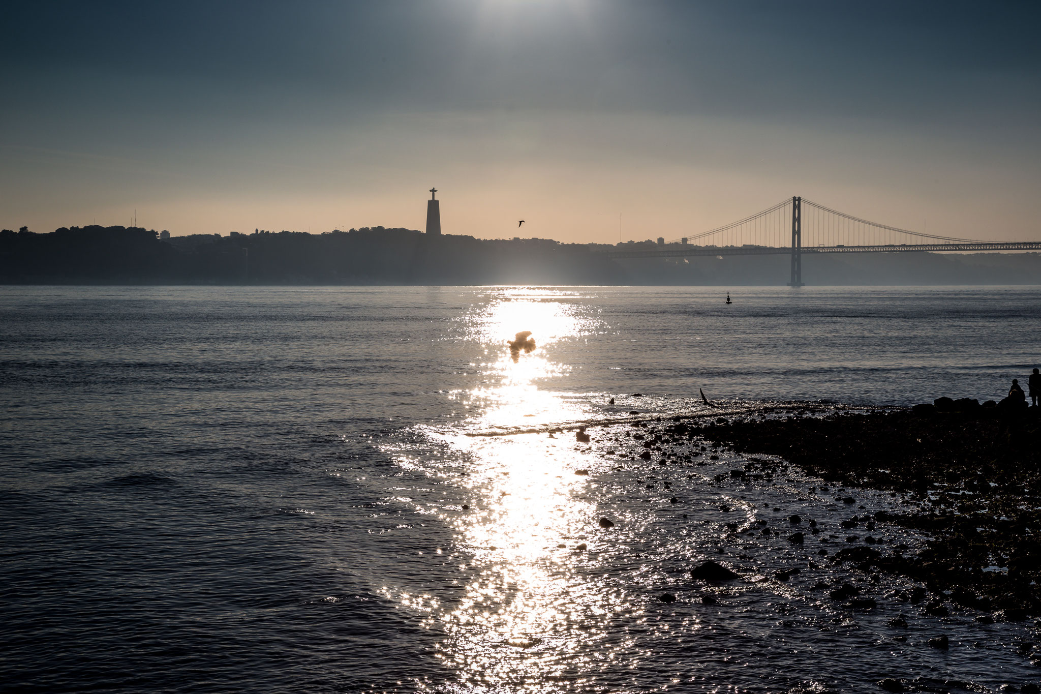 View to Ponte 25 de Abril and Cristo Rei Statue, Lisbon, Portugal (2016) 