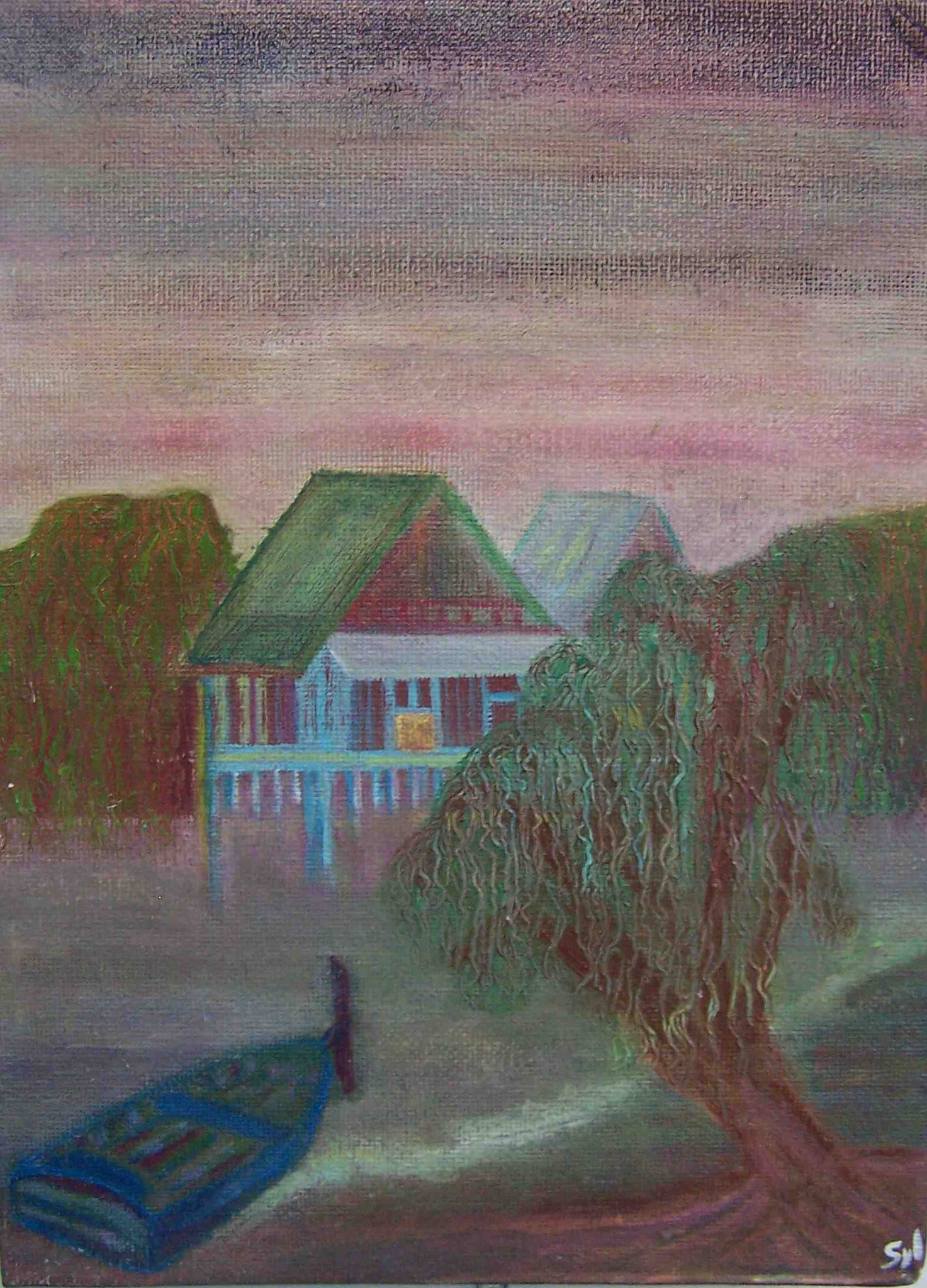 Paysage à la barque, acrylique sur toile, 24 x 18 cm
