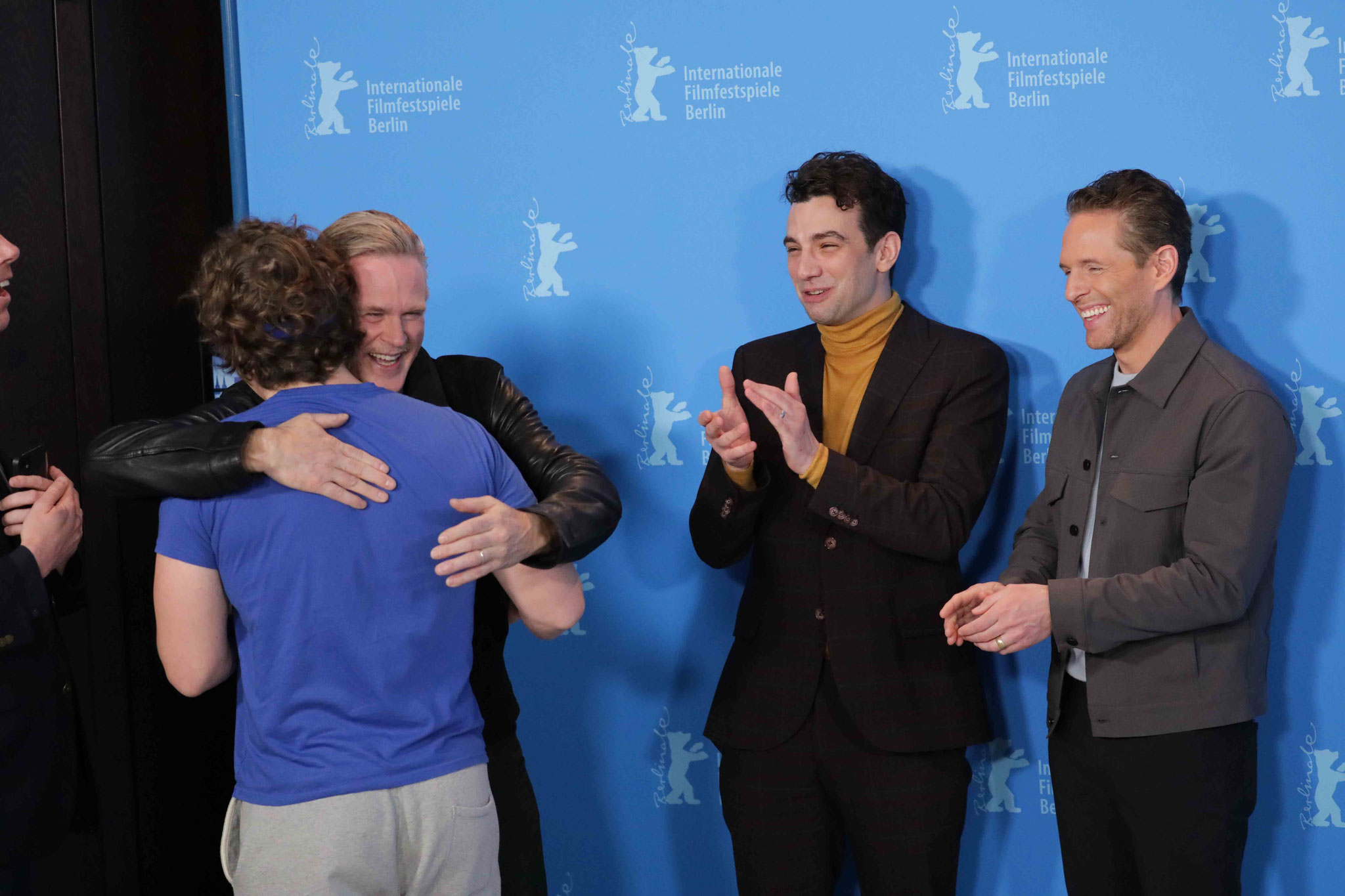 (L-R) Cary Elwes, Jay Baruchel, Glenn Howerton and director Matt Johnson during the photo call for the film „Blackberry“.