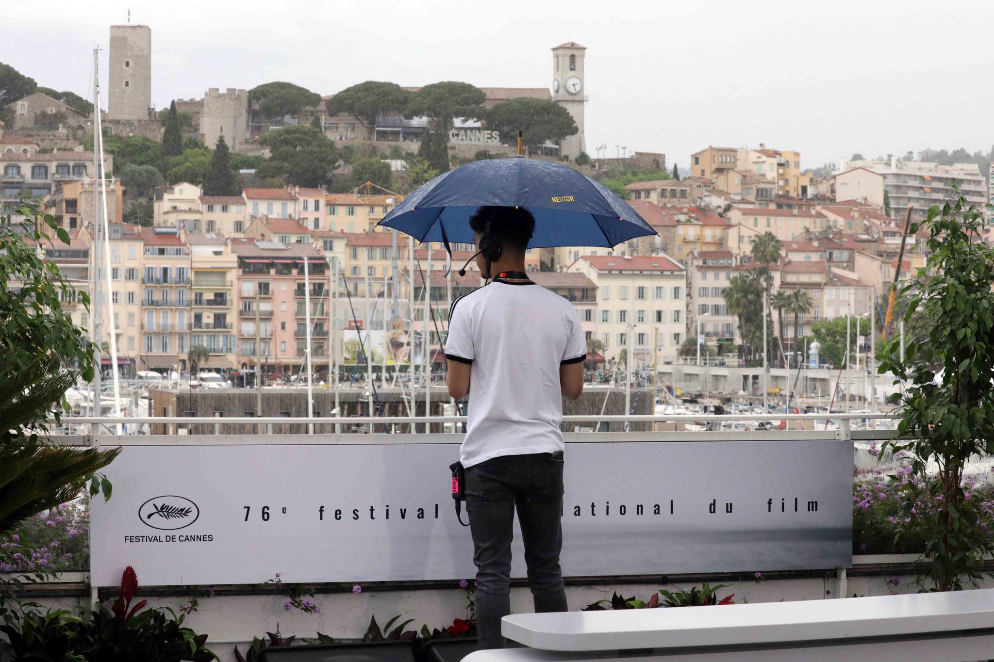 It's pouring rain in Cannes.