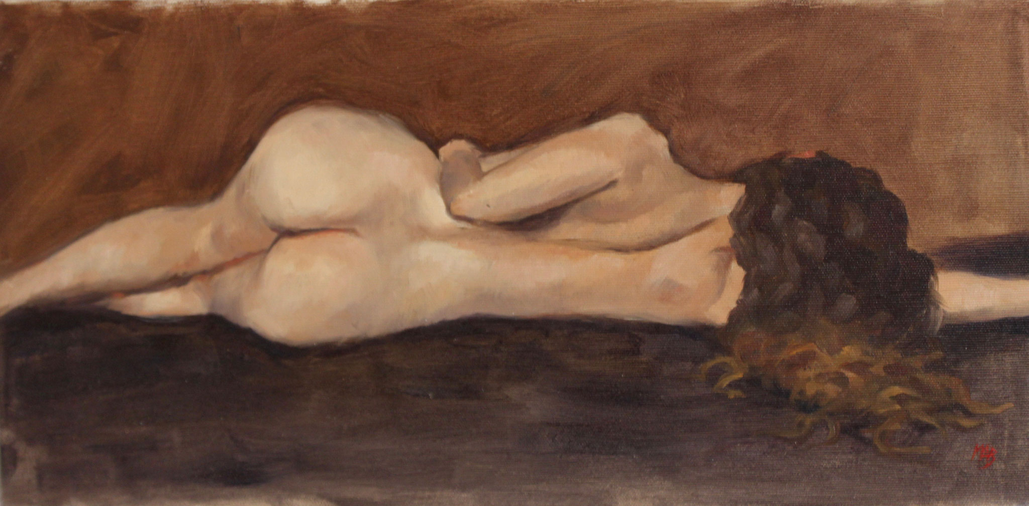 "Nu allongé à la chevelure lâchée", huile sur toile marouflée, 50/25 cm, 2018