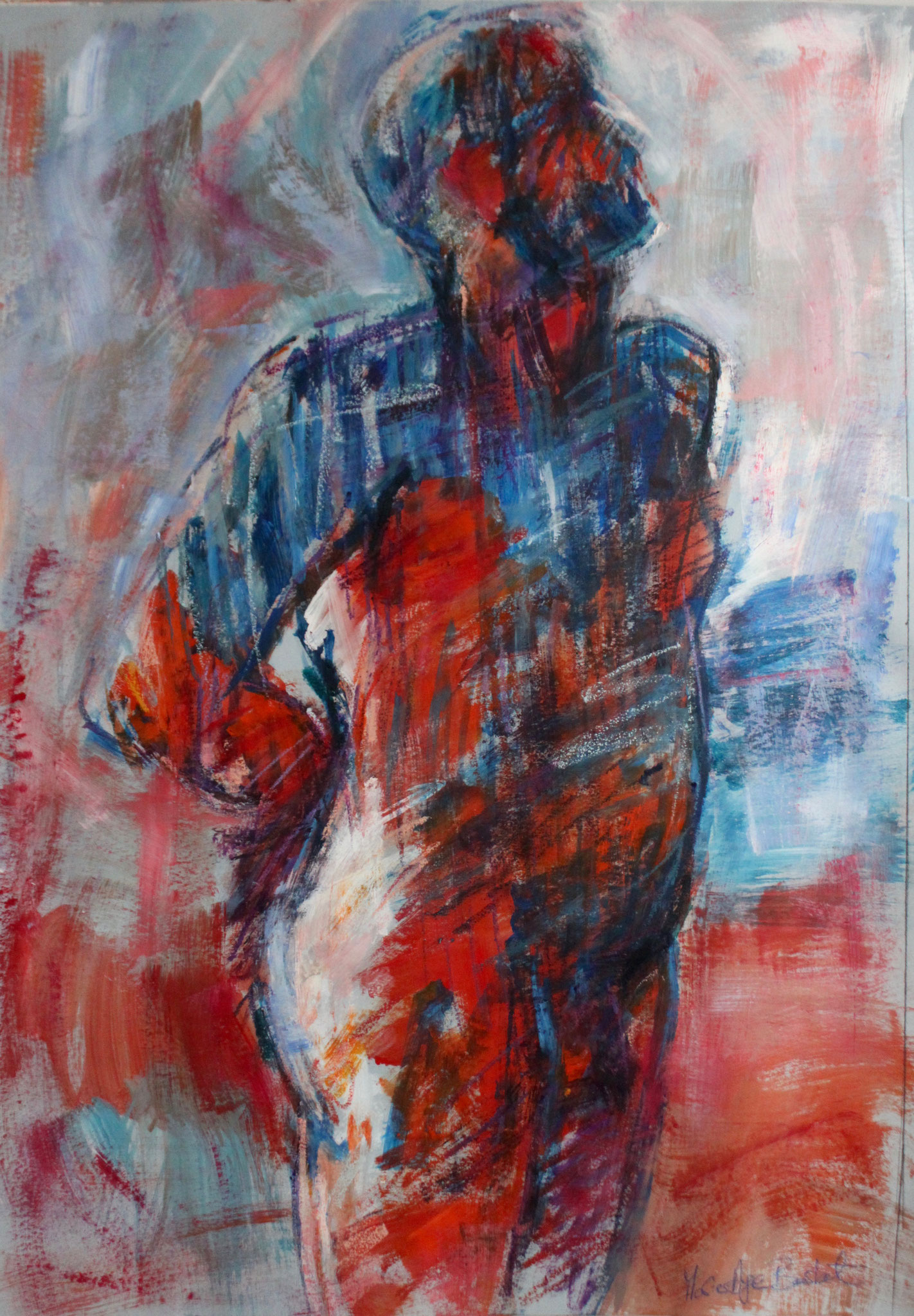 Rouge, bleu, blanc, en avant, acrylique et pastels gras, 100/70cm