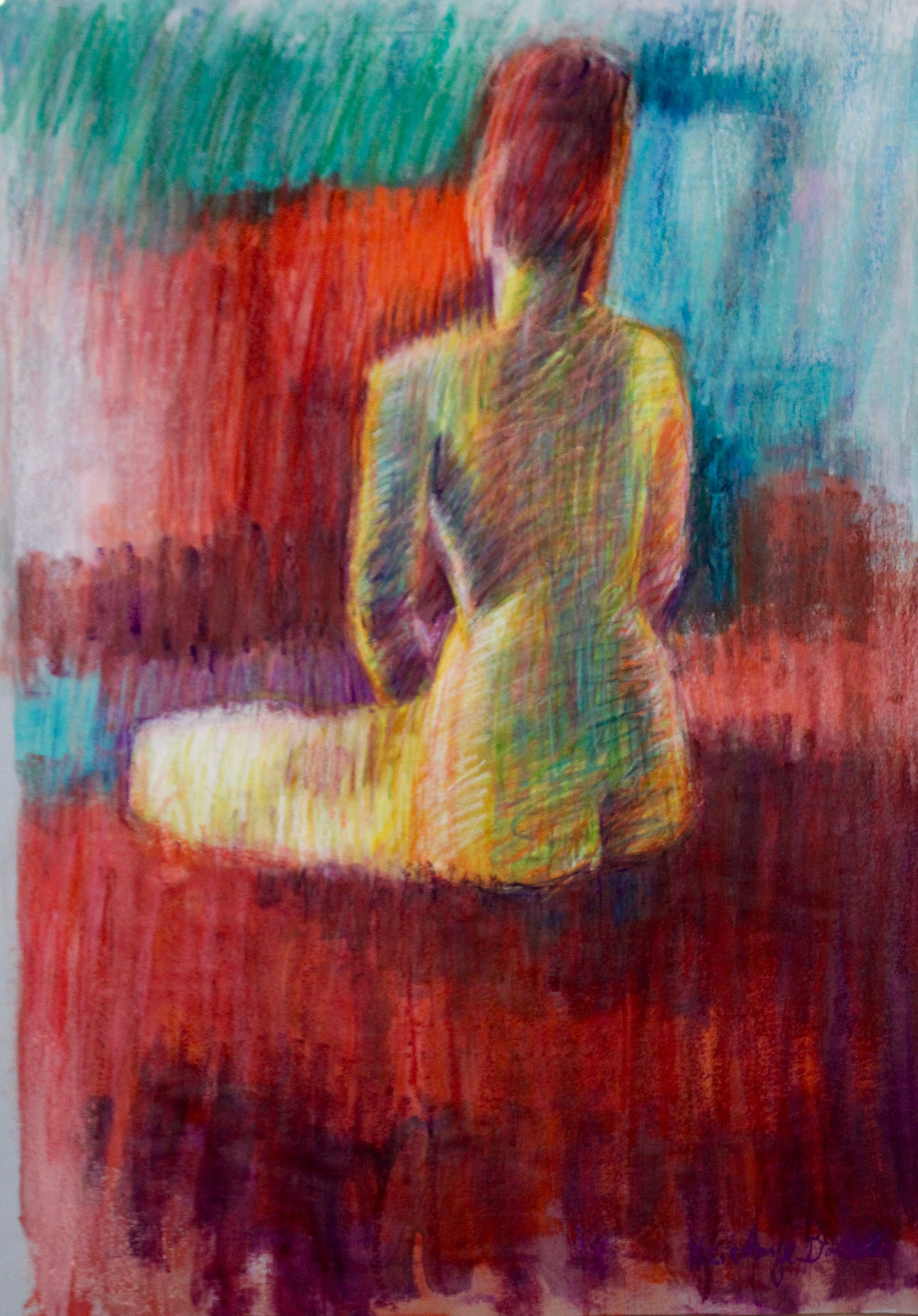 Lotus de dos, acrylique et pastels gras, 100/70cm