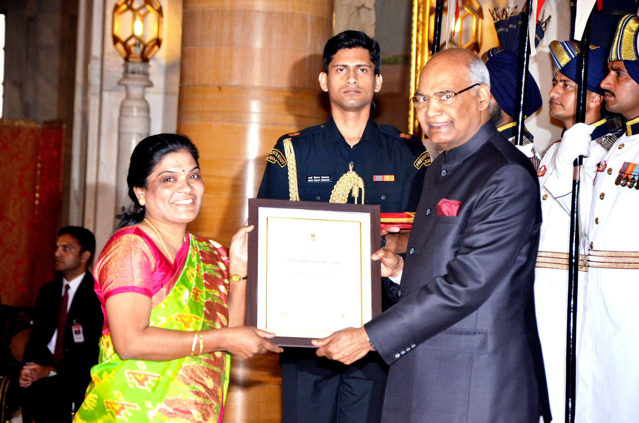 Ms.Bandari Jayamma receives the Highest Civilian Honor for Woman -Nari Shakthi Puraskar Award-2017 by the hands of Honorable President of India on the 8th.March,2018 at the Rastrapathi Bhawan,New Delhi
