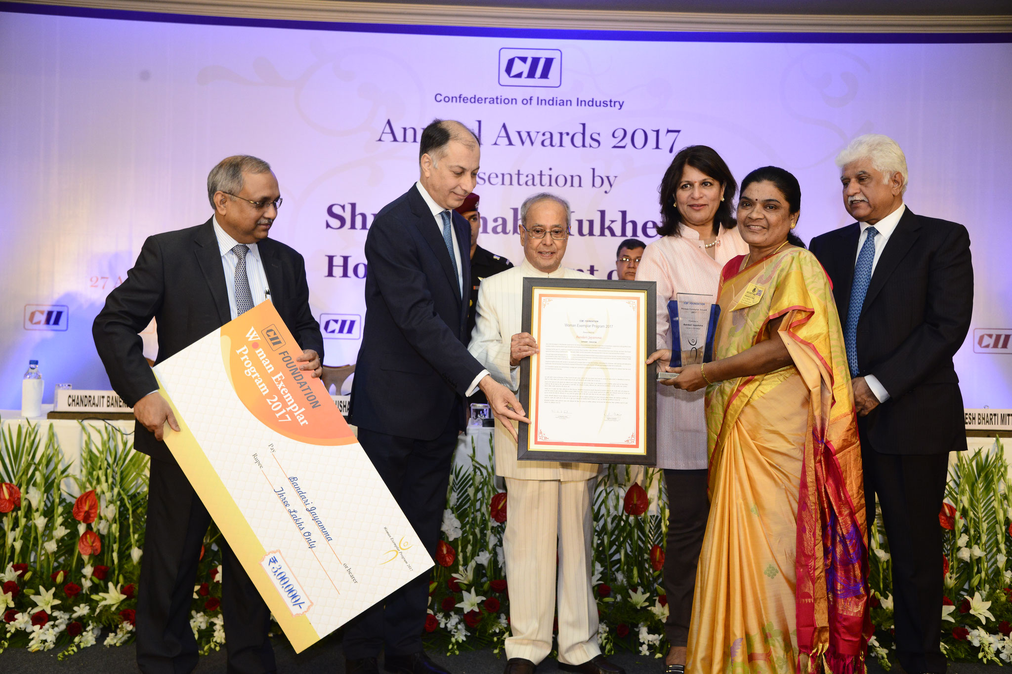 Ms.B.Jayamma,receives CII Woman Exemplar Award 2017 by the hands of Shri.Pranab Mukherjee,Hon'ble President of India on April.27.2017 at Hotel ITC Maurya ,New Delhi.