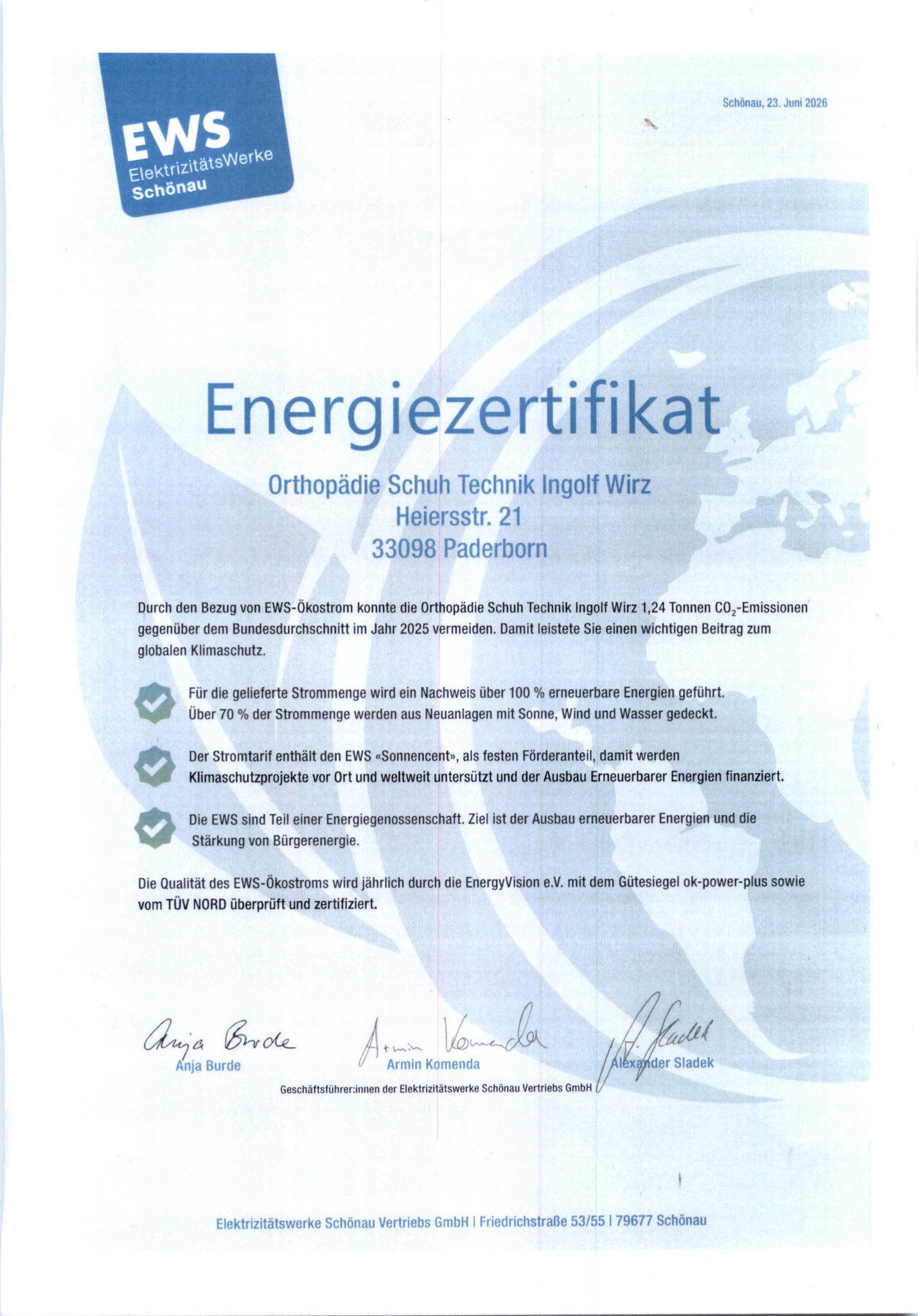 Wir sind Zertifiziert 100% Erneuerbare Energien!