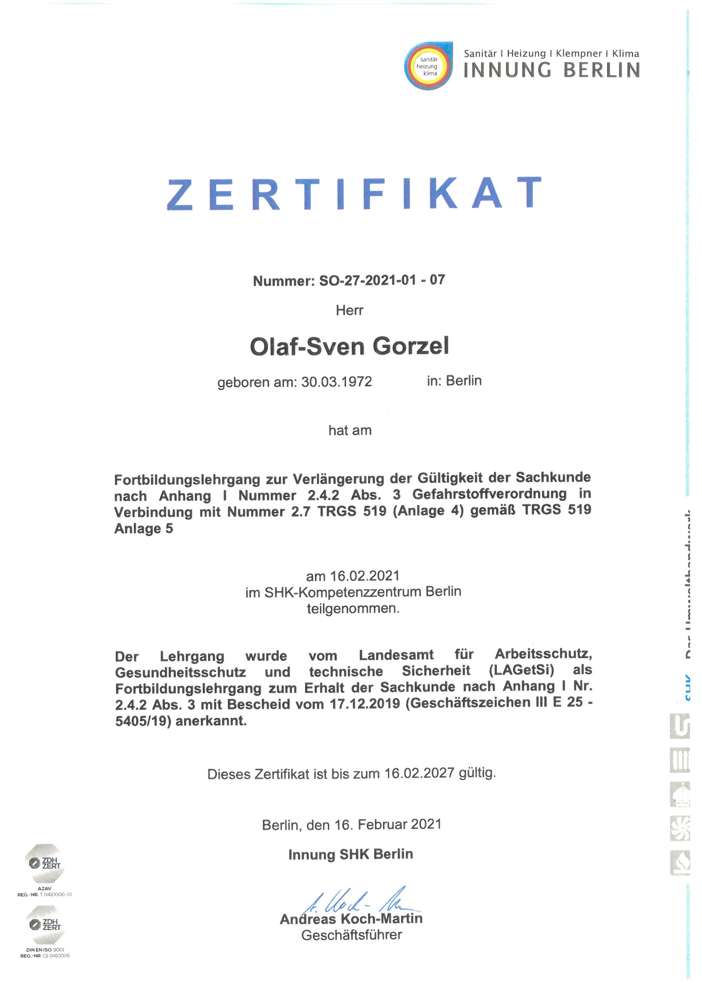 TRGS - Sachkundenachweis Gefahrenstoffverordnung - Verlängerung gültig bis 02.2027