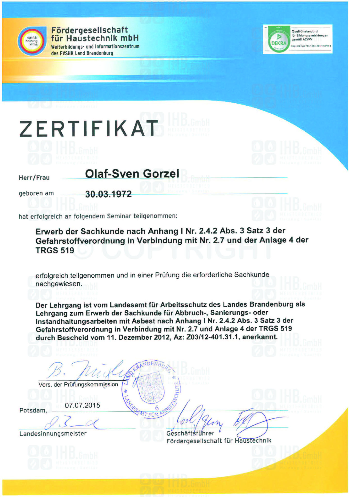 TRGS - Sachkundenachweis Gefahrenstoffverordnung