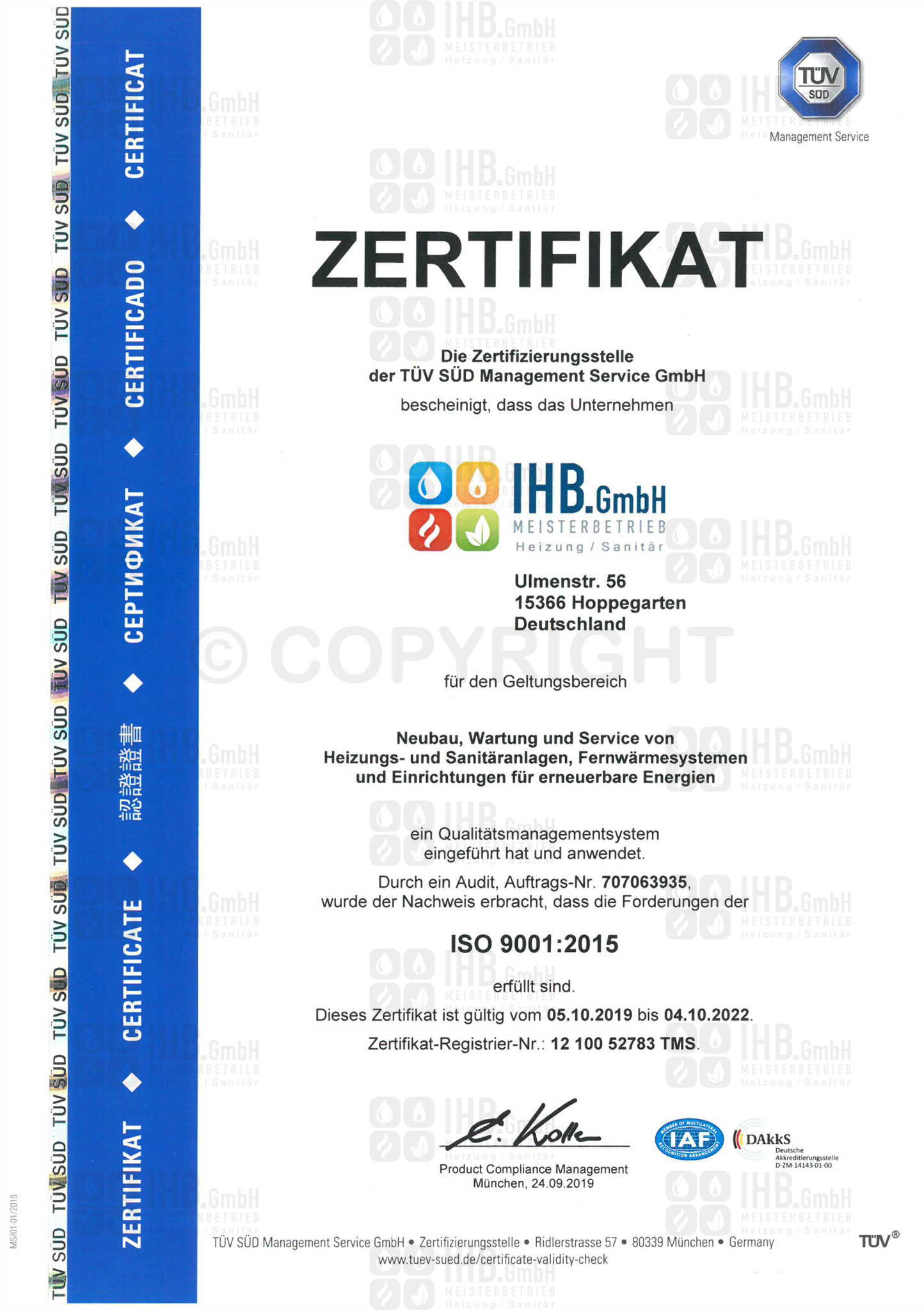 Zertifikat ISO 9001:2015 gültig bis 2022