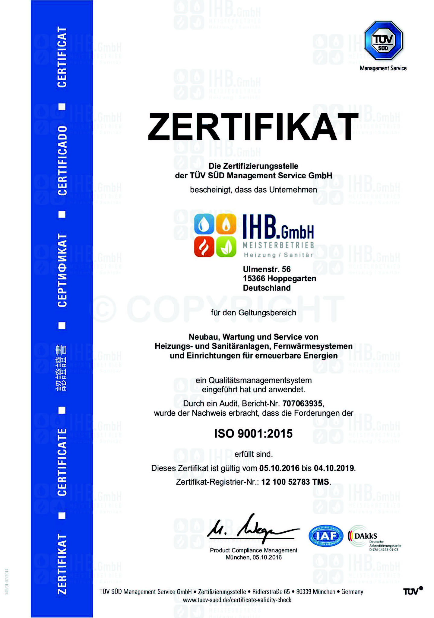 Zertifikat ISO 9001:2015 gültig bis 2019