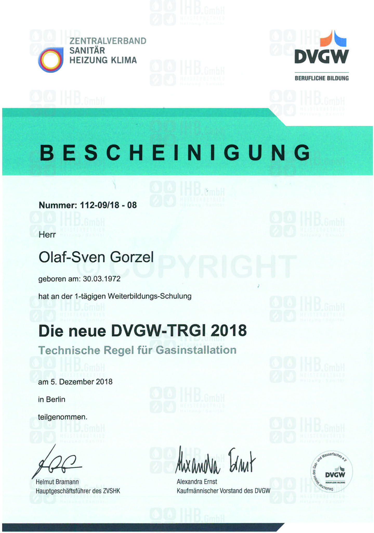 Bescheinigung technische Regeln der Gasinstallation 2018