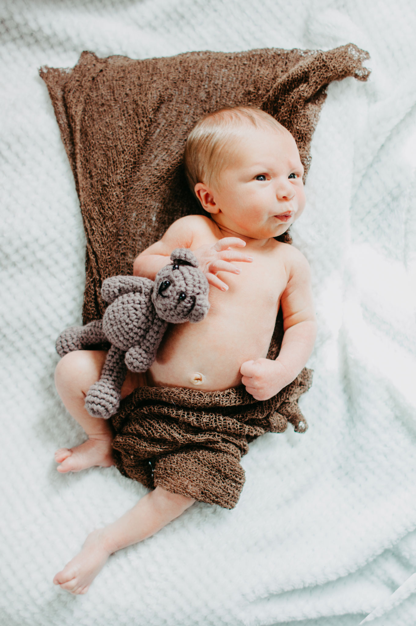 Neugeborenes nacktes Baby eingewickelt mit Kuscheltier 