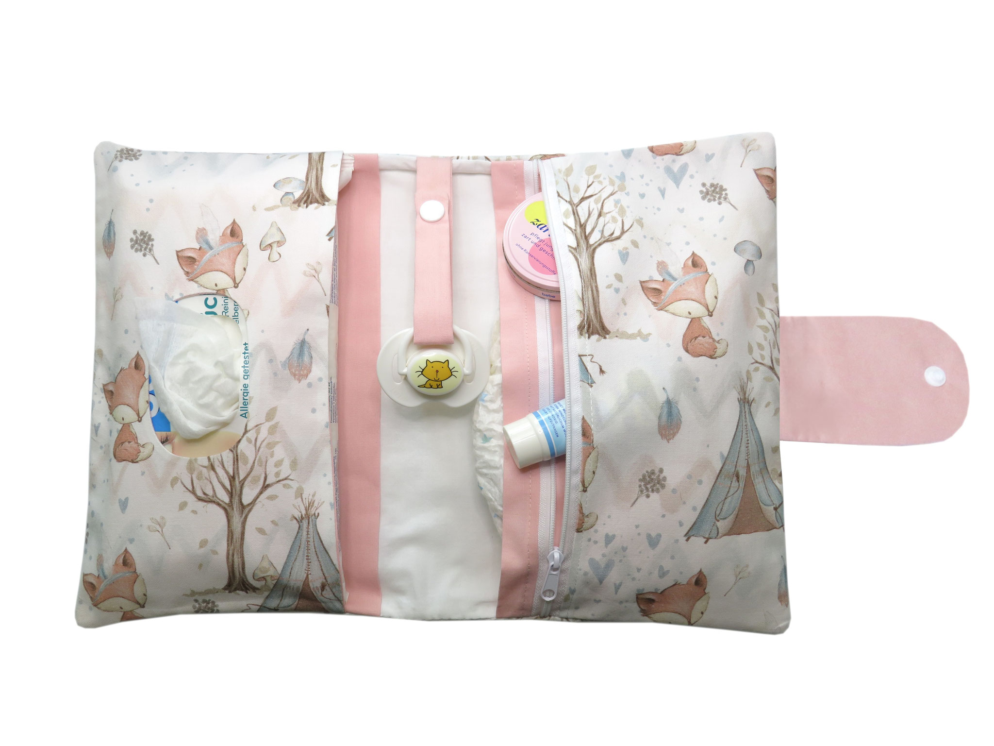 personalisierte Windeltasche Wickeltasche fuchs rosa mit Feuchttüchertasche mit Namen bestickt Geschenk zur Geburt oder Taufe