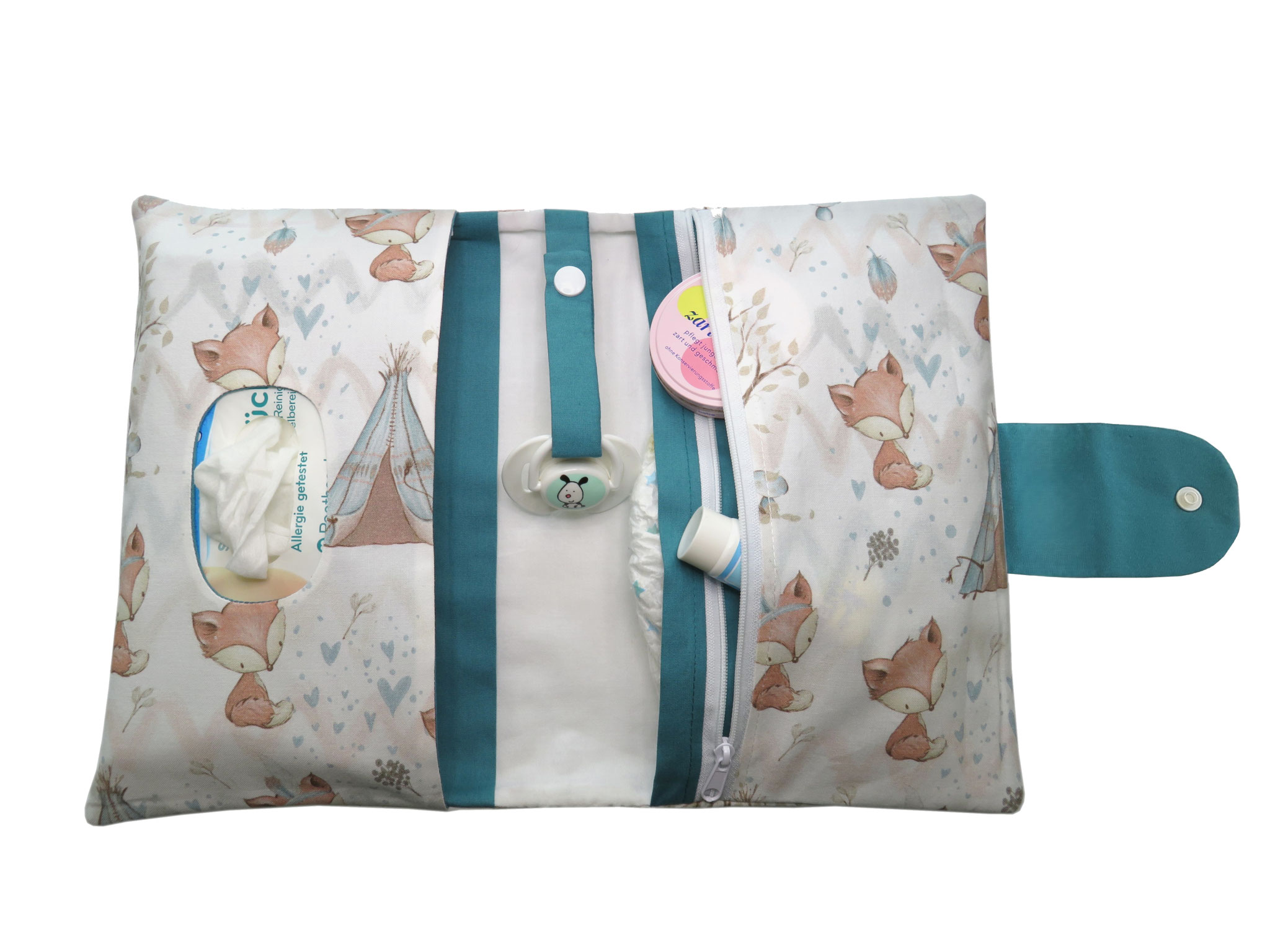 personalisierte Windeltasche Wickeltasche fuchs petrol mit Feuchttüchertasche mit Namen bestickt Geschenk zur Geburt oder Taufe