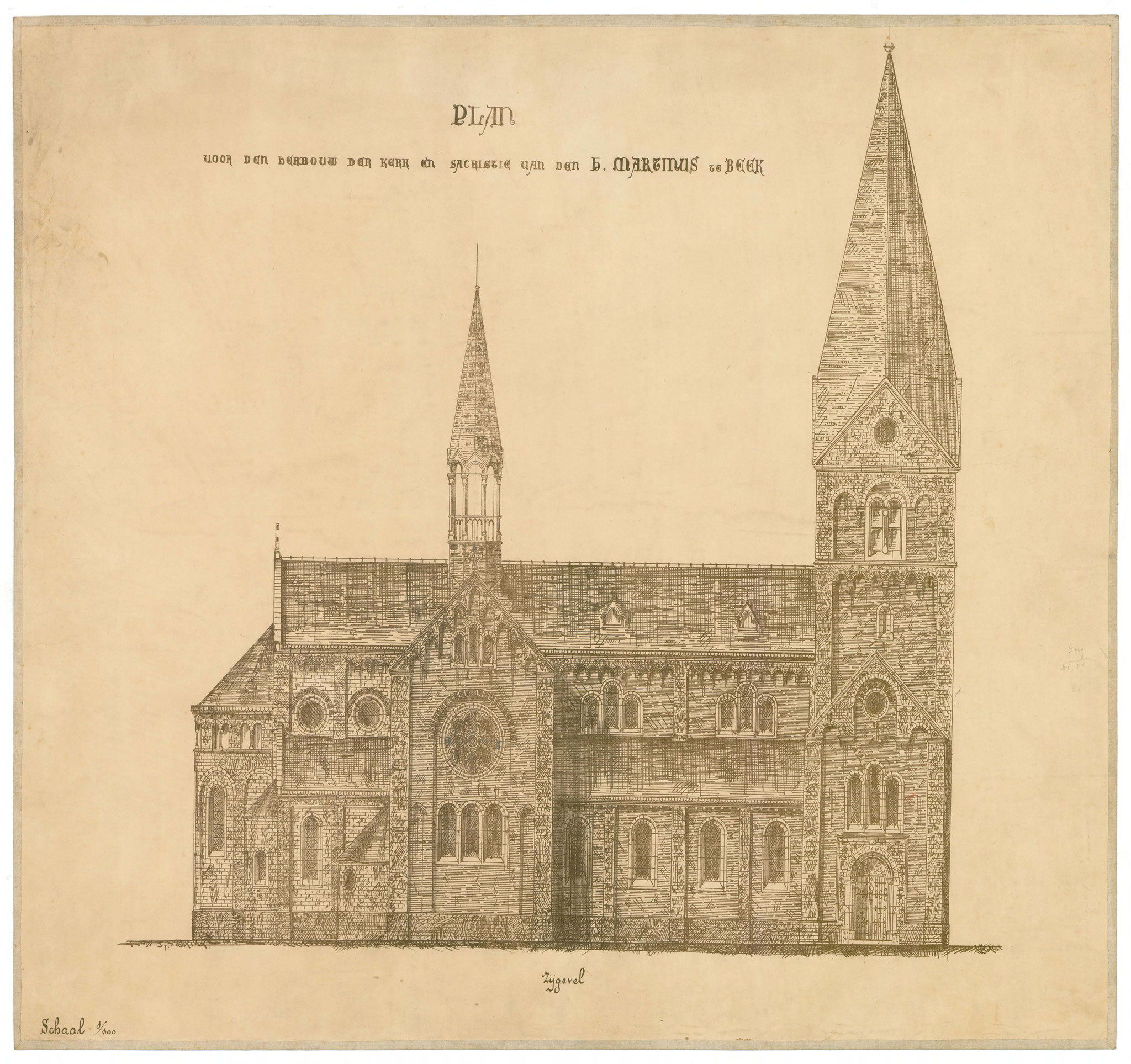 Ontwerp voor een nieuwe kerk door Von Fisenne uit 1888. De rombische toren is nooit gerealiseerd.  (bron: panddossier archief kerkbestuur).