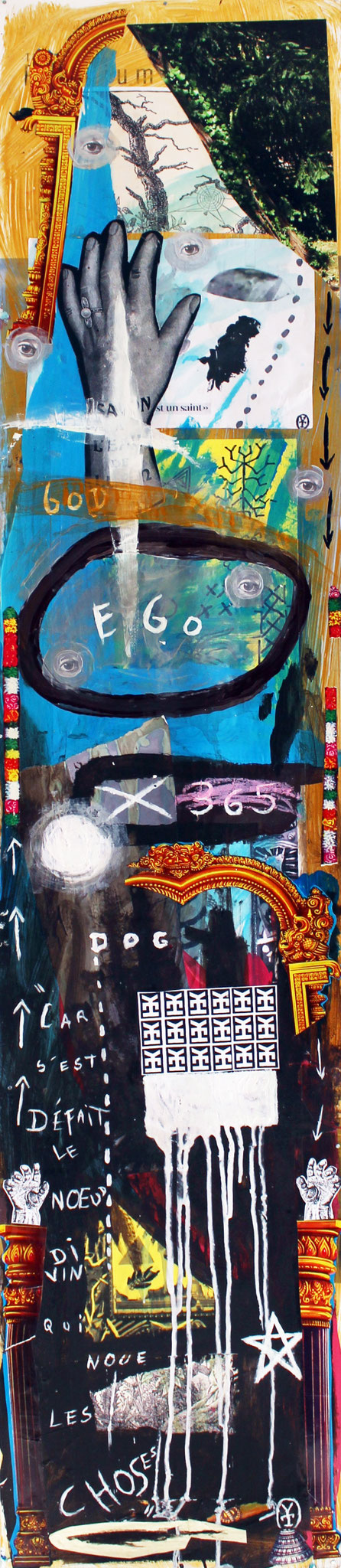 GOD EGO DOG/ Acrylic, collage on plastic -11.5x58 inch/ 2015