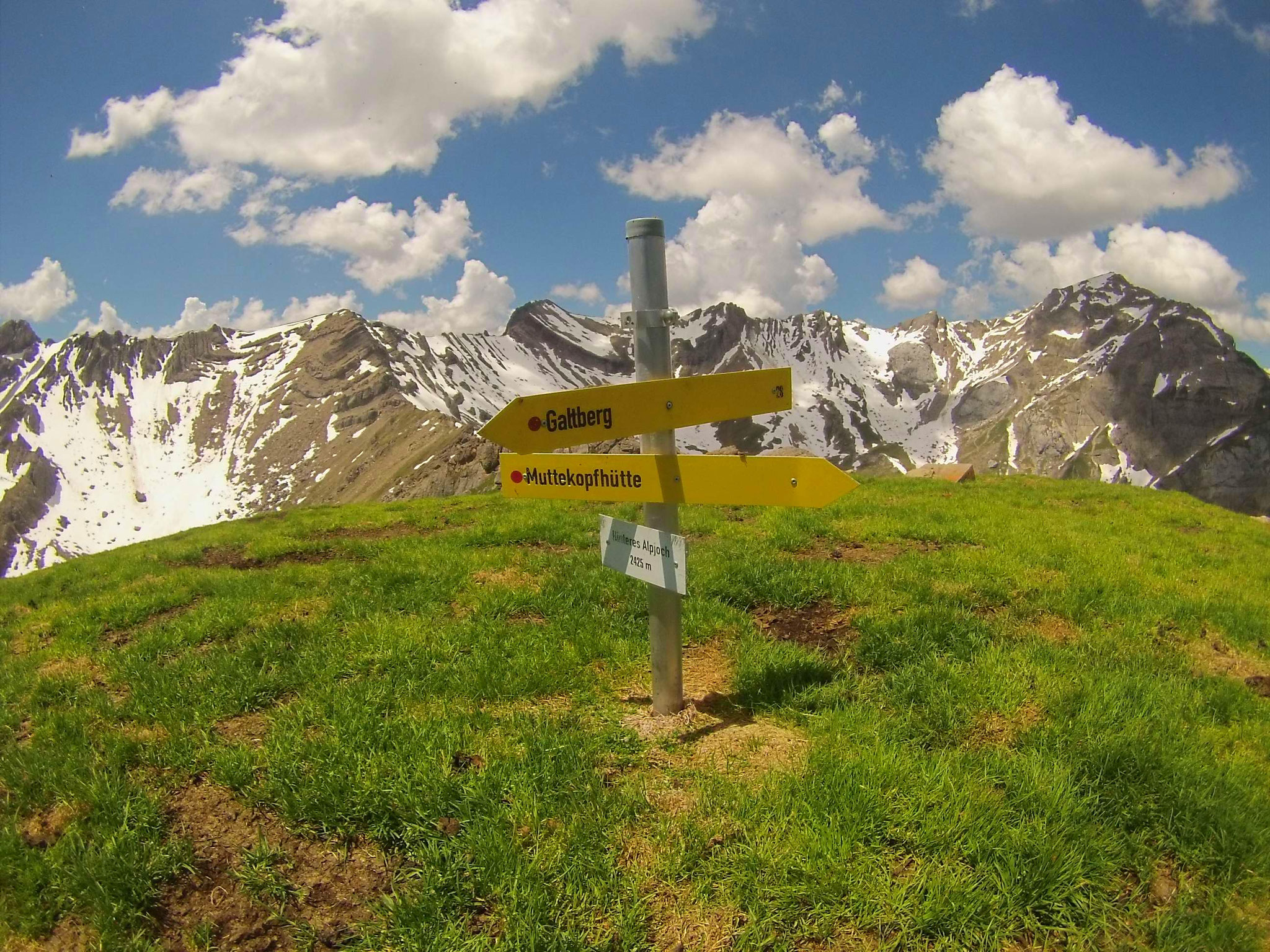 ...und kommen dann zum Gipfel, der mit einem Wander-Schild markiert ist.