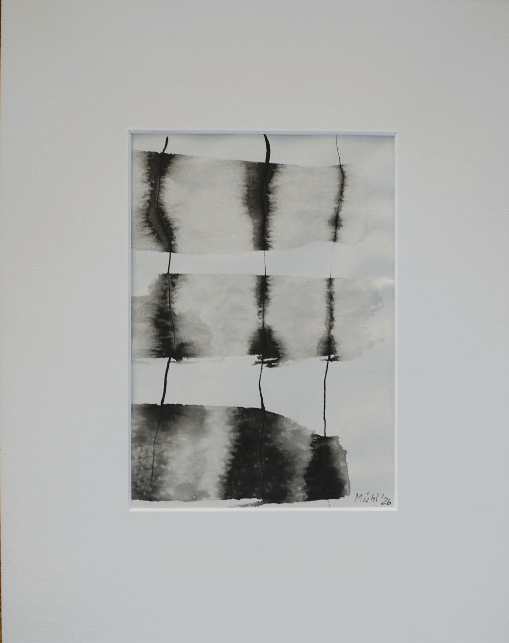Ohne Titel, Kalligrafietusche auf Papier, 24x30 aussen, 13x18 innen, 2026