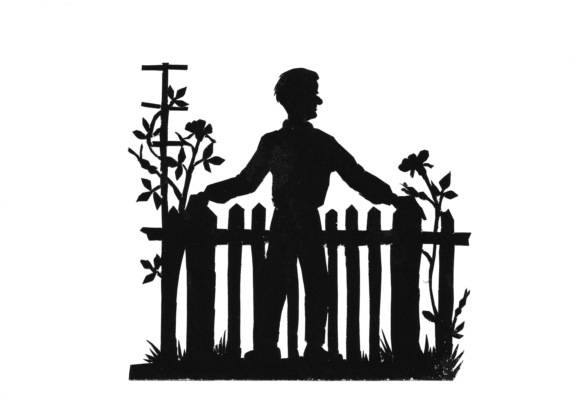 Johanna Wesche, Waggerl am Gartenzaun, aus der Sammlung „Unvollkommenes Bilderbuch einer Wallfahrt nach Wagrain“ mit 12 Scherenschnitten mit dem Titel „Unvollkommenes Bilderbuch einer Wallfahrt nach Wagrain“