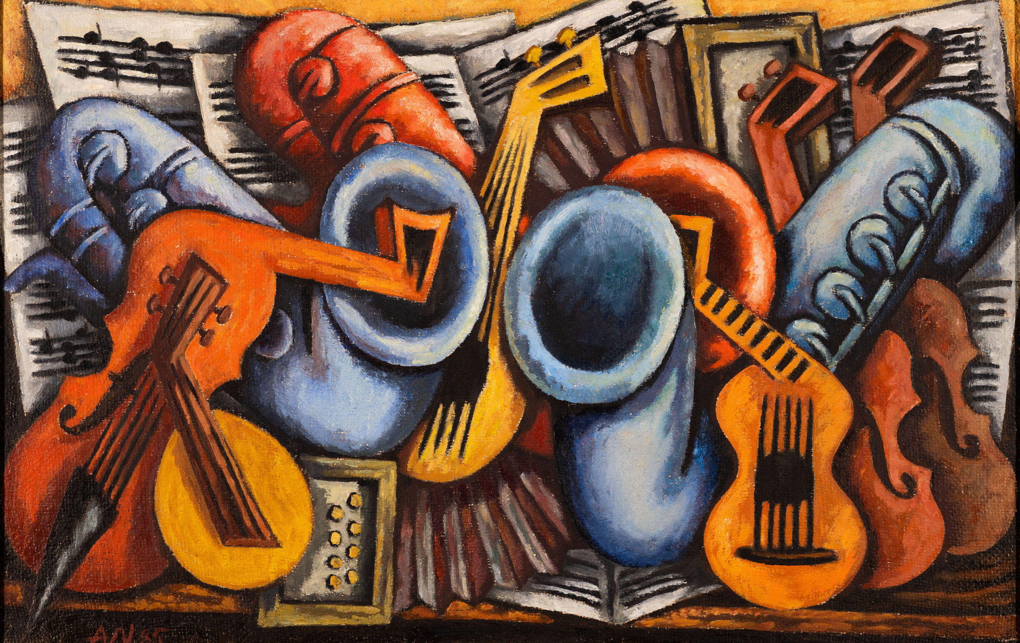2020-0336 Alfred Nungesser (1903 – 1983): Stillleben mit Musikinstrumenten, 1935, 31 × 22,5 cm , Öl auf Leinwand Foto: Hubert Auer  © Alfred Nungesser